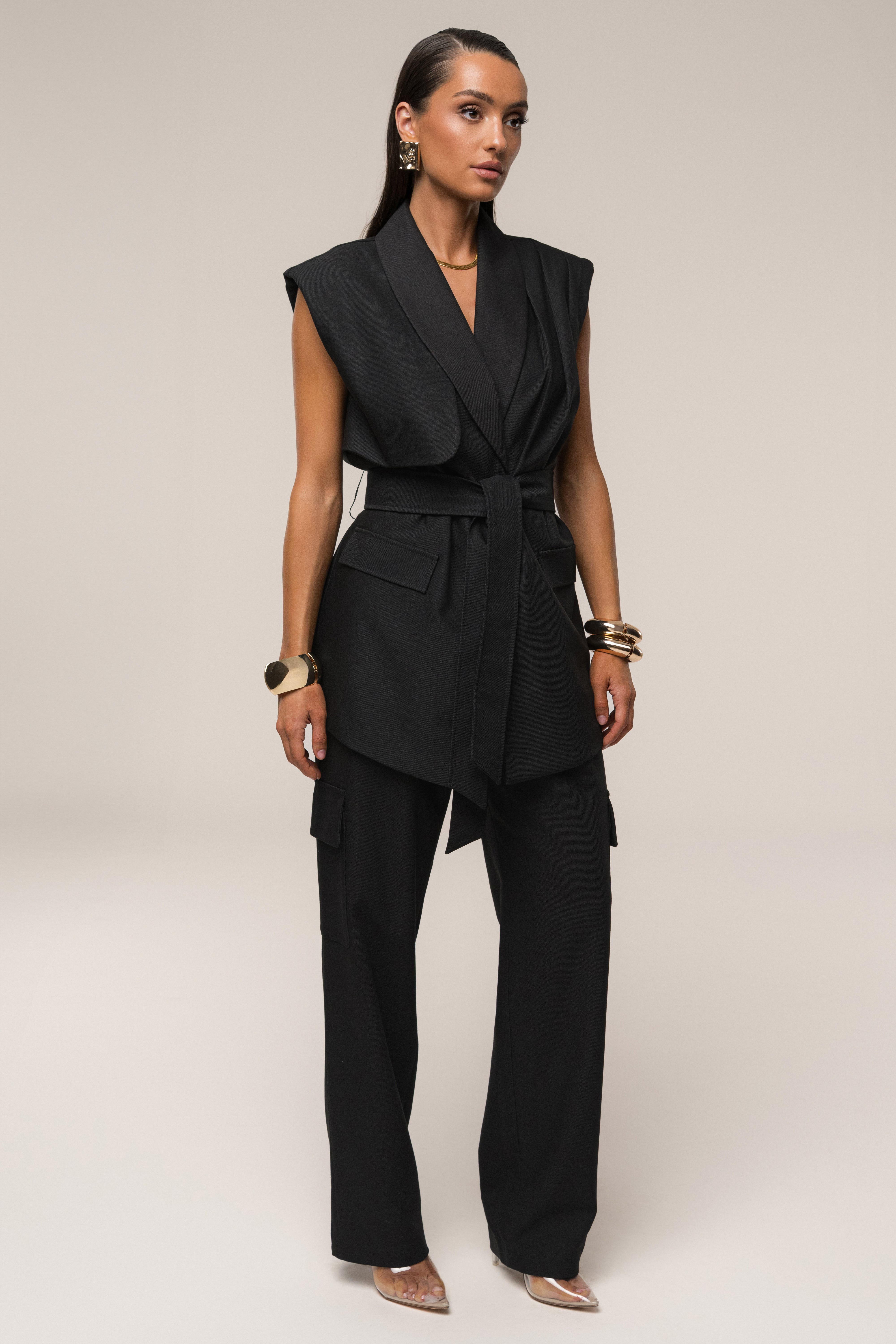 Black Jeanie Belted Vest - JLUXLABEL