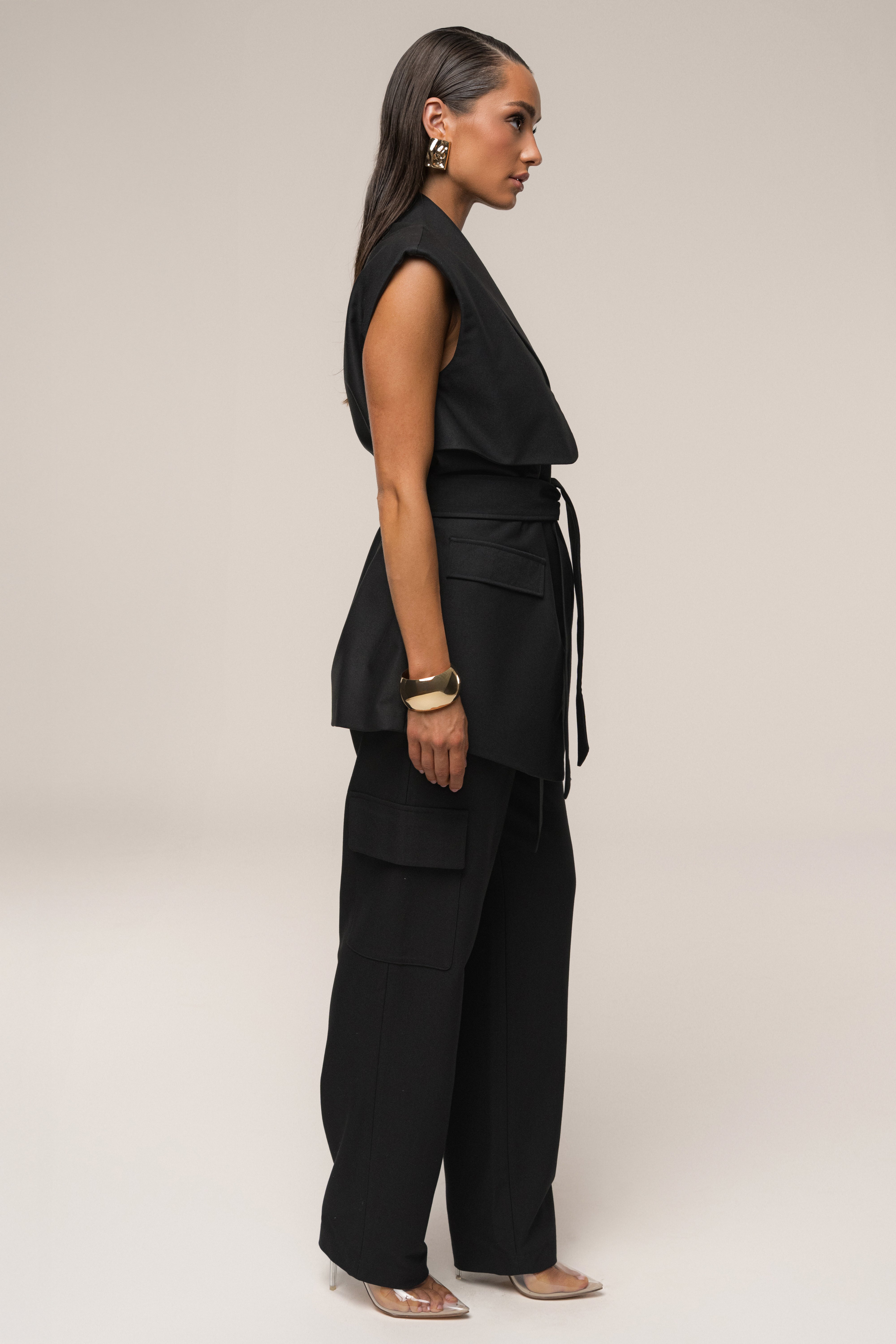 Black Jeanie Belted Vest - JLUXLABEL