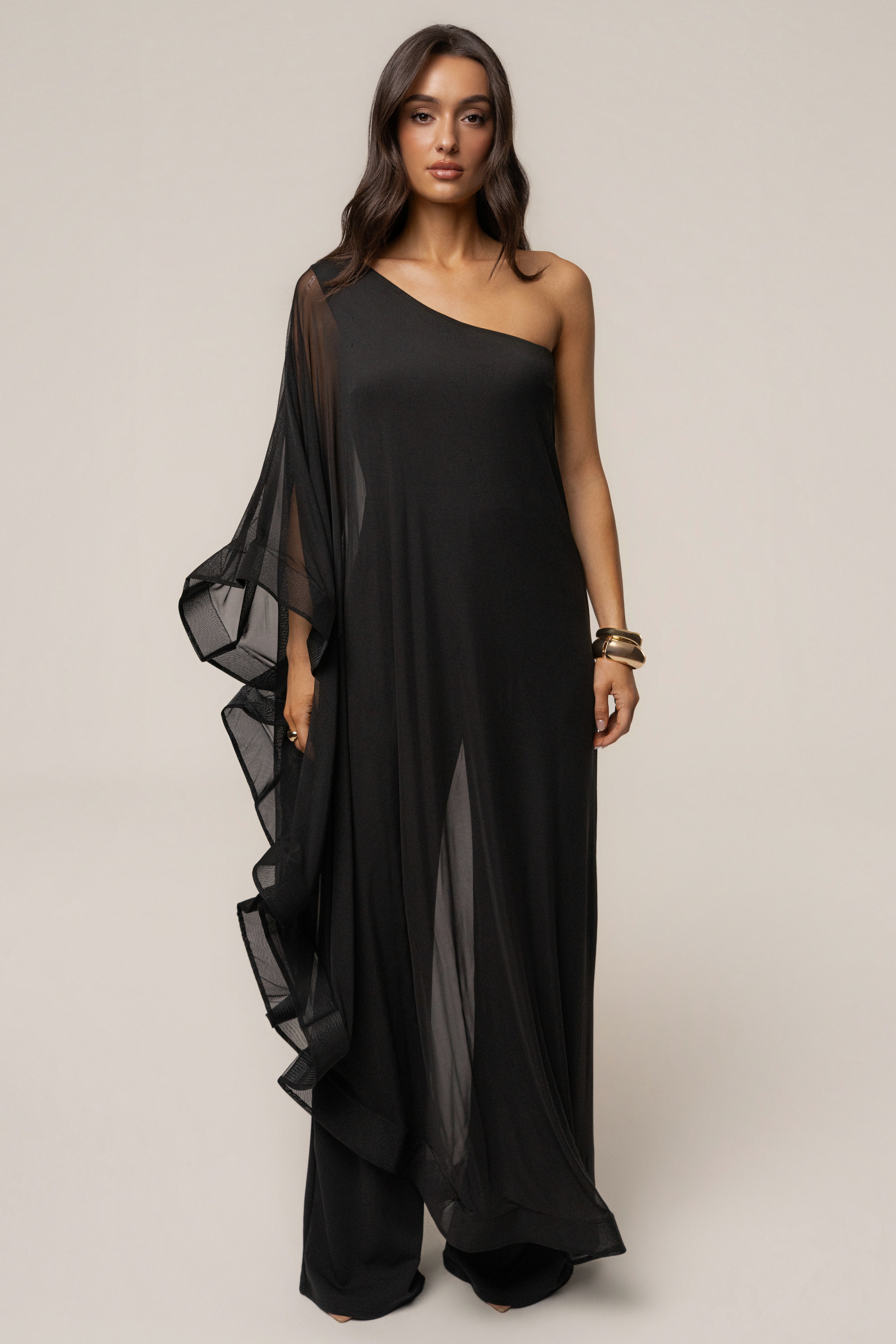 Black New Waves JLUXLABEL jumpsuit with a fitted silhouette and wide-leg design, stylish and comfortable for any occasion.
