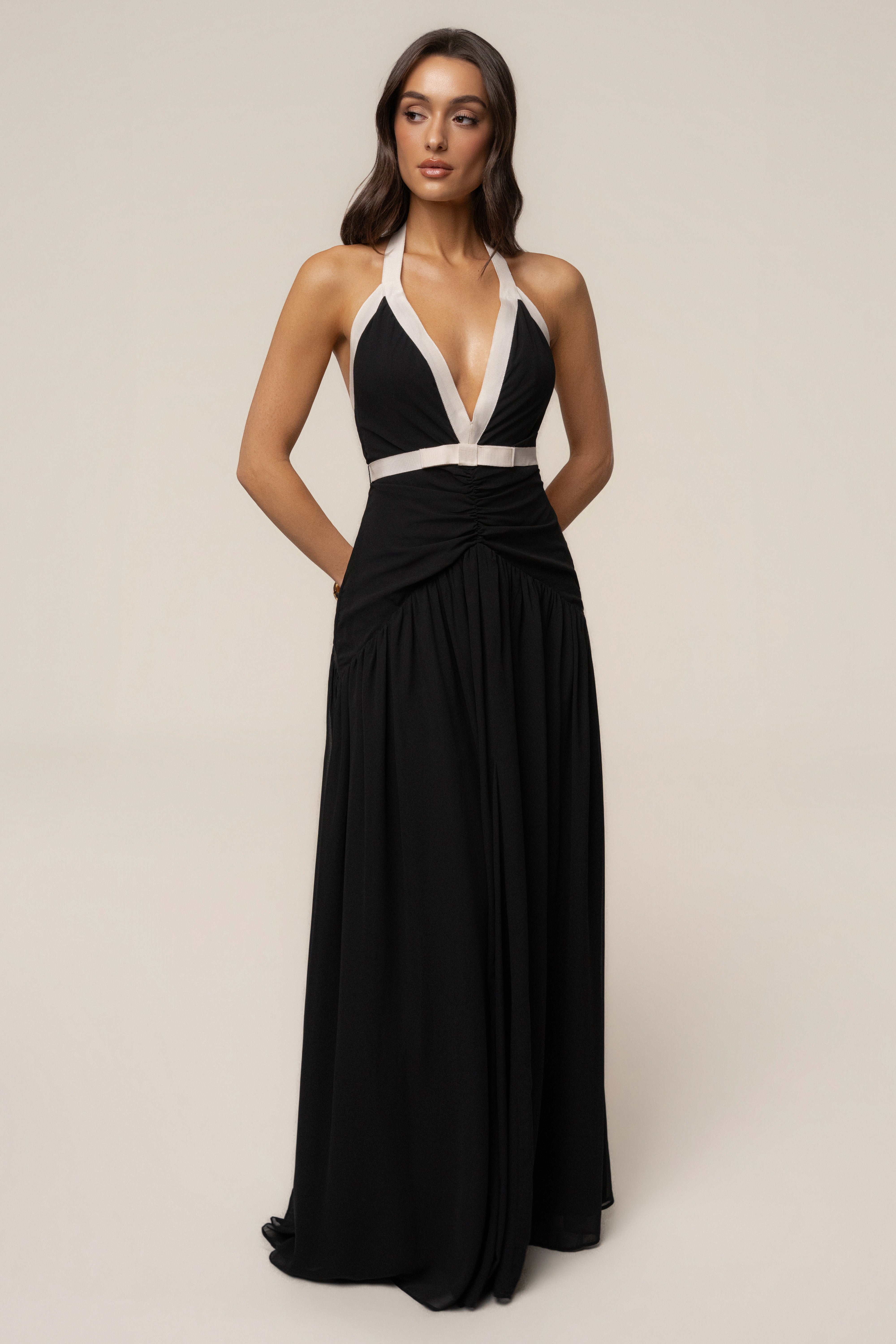 Black and white tourist contrast maxi dress by JLUXLABEL, flowing fabric and stylish design perfect for casual or summer wear.