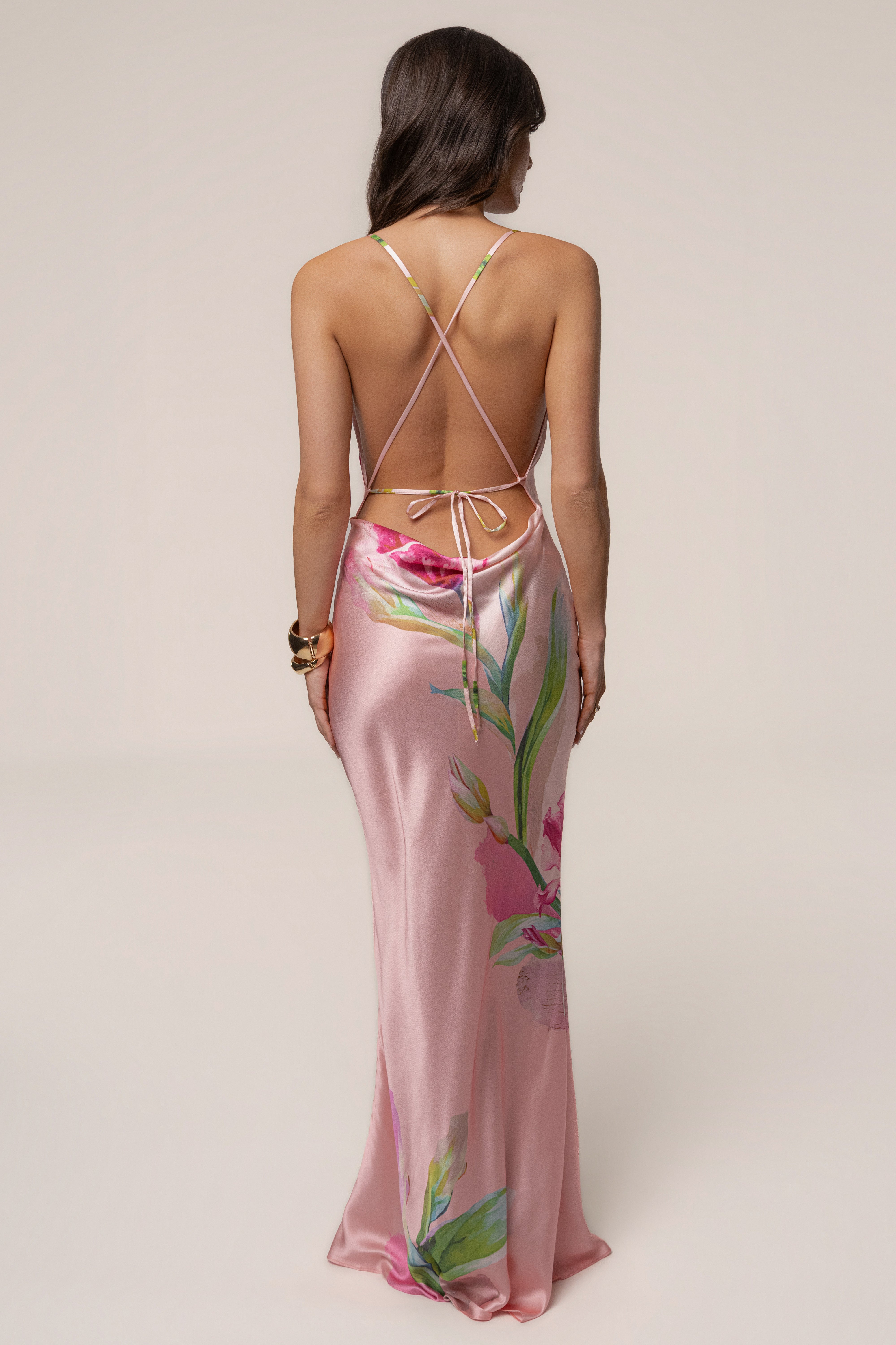 Light Pink Satin Floral Print Maxi Dress - JLUXLABEL