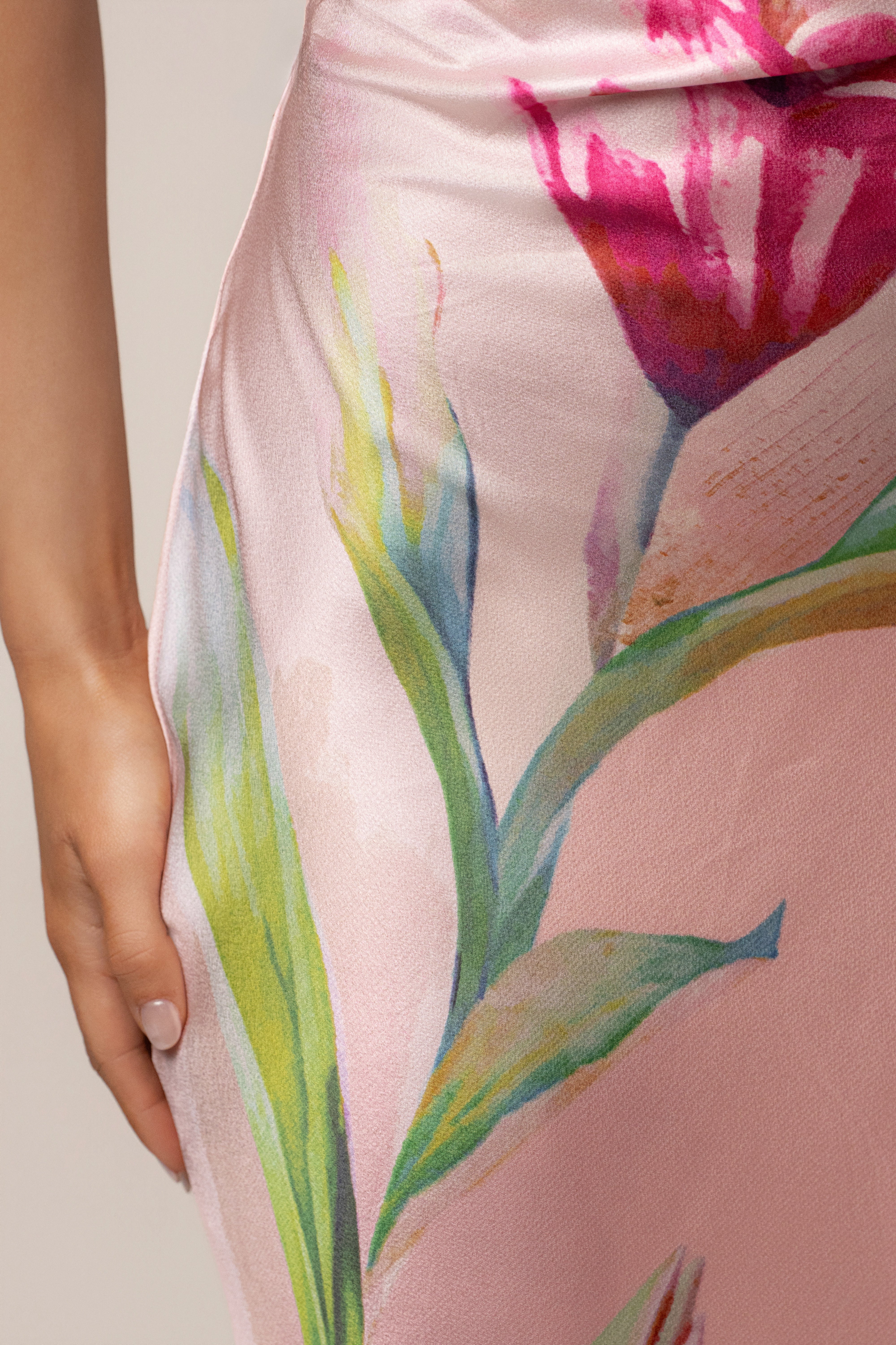 Light Pink Satin Floral Print Maxi Dress - JLUXLABEL
