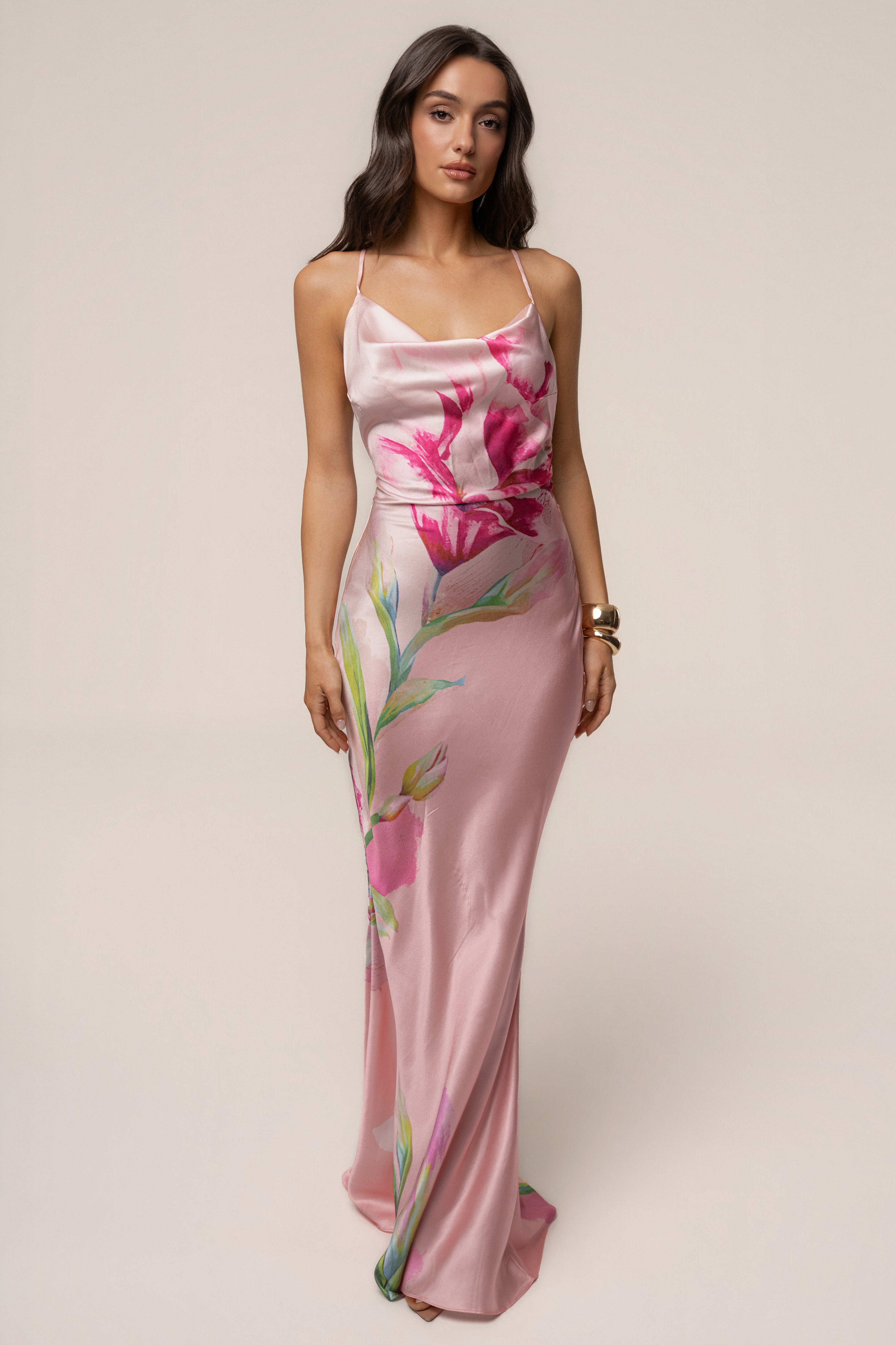 Light Pink Satin Floral Print Maxi Dress - JLUXLABEL