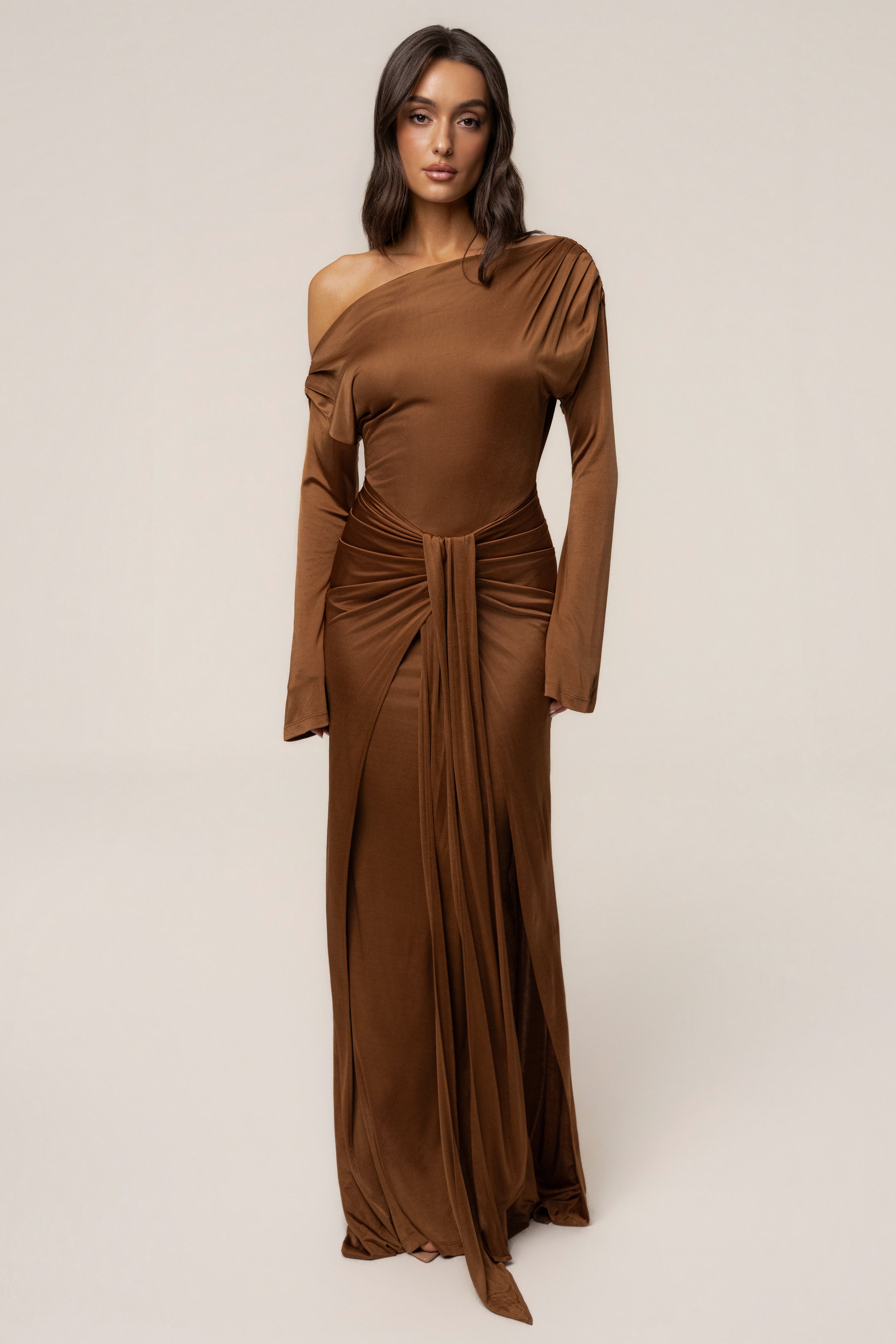 Tan Draped Perfection Maxi Dress - JLUXLABEL