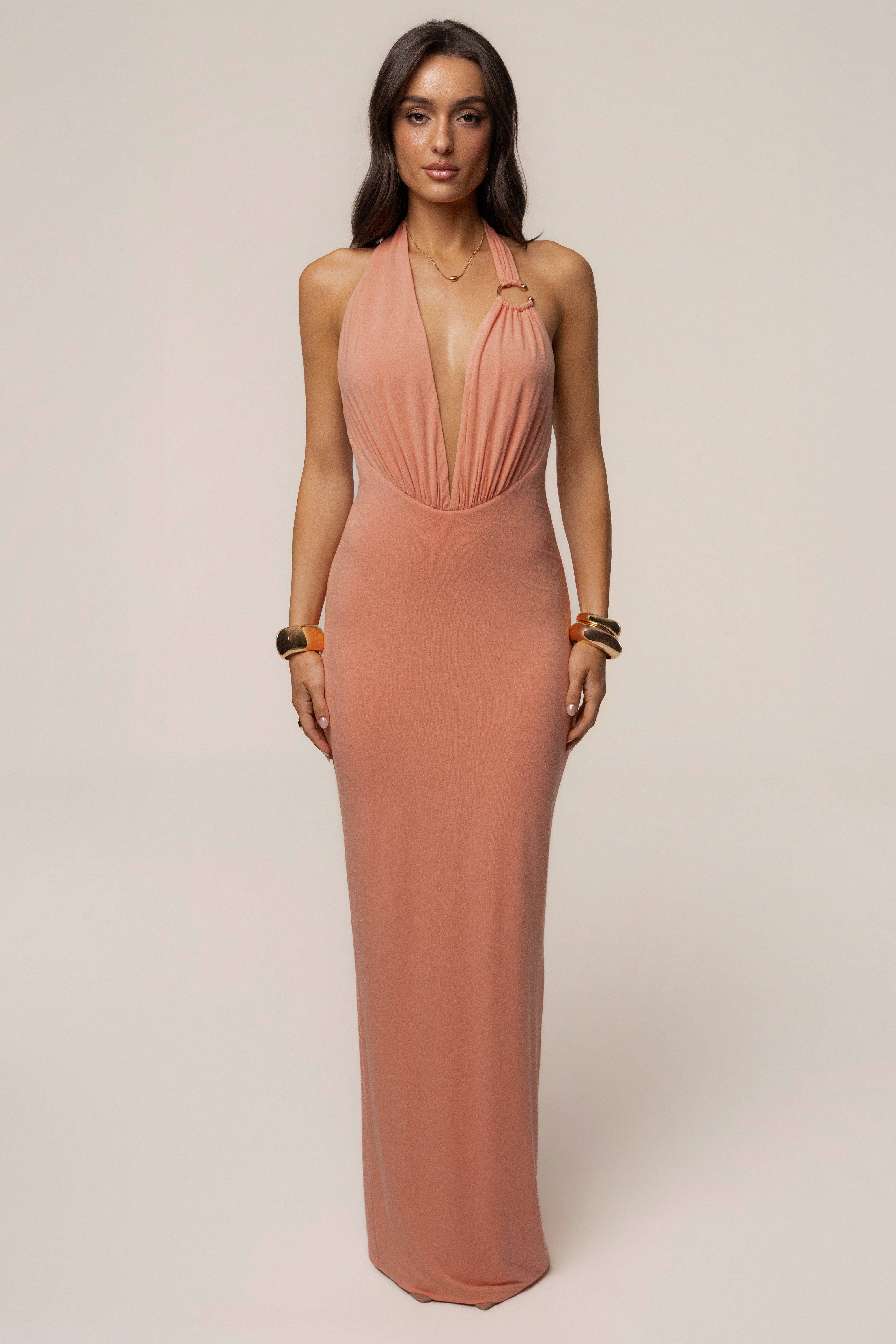 Peach Showstopper Plunge Maxi Dress - JLUXLABEL