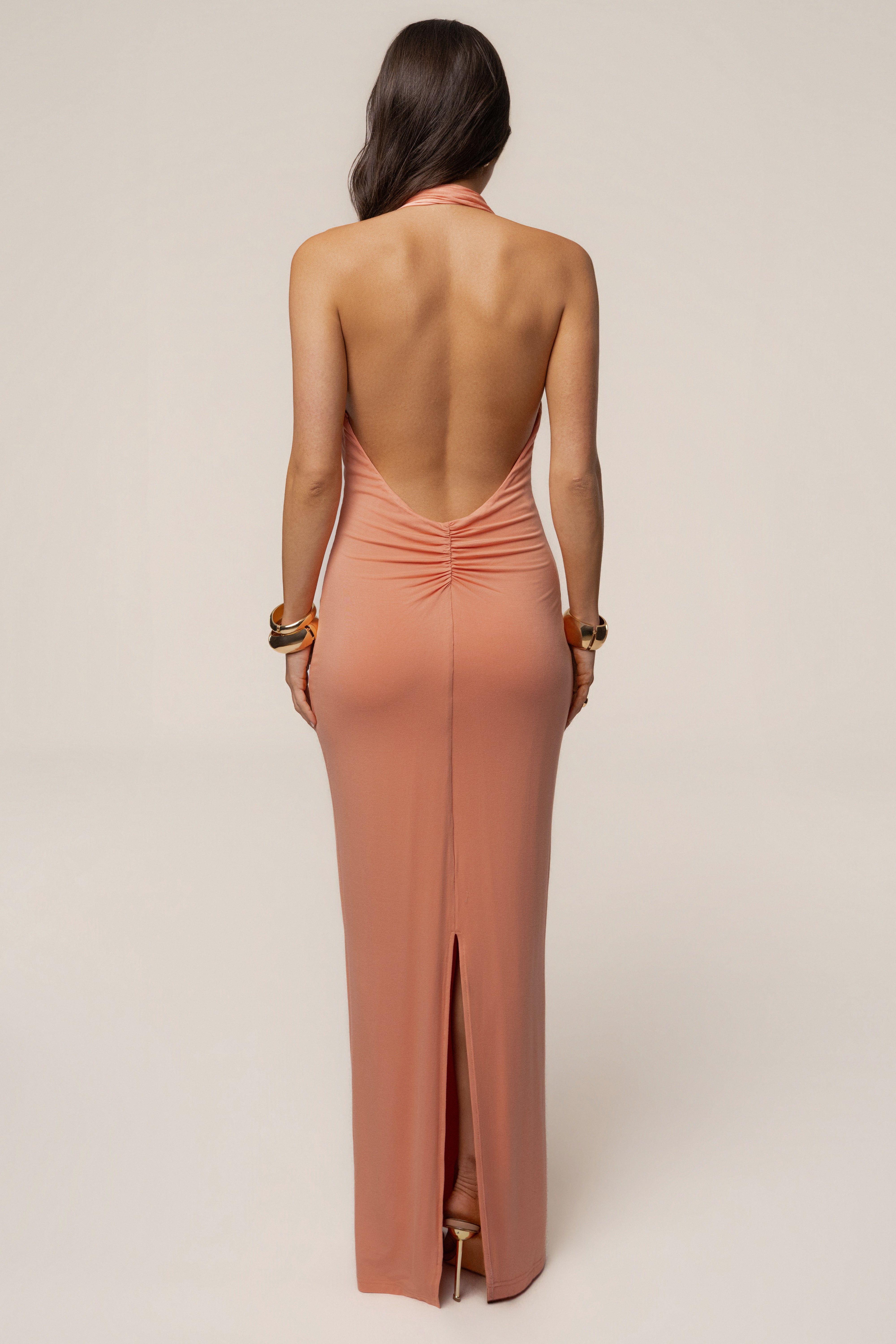 Peach Showstopper Plunge Maxi Dress - JLUXLABEL