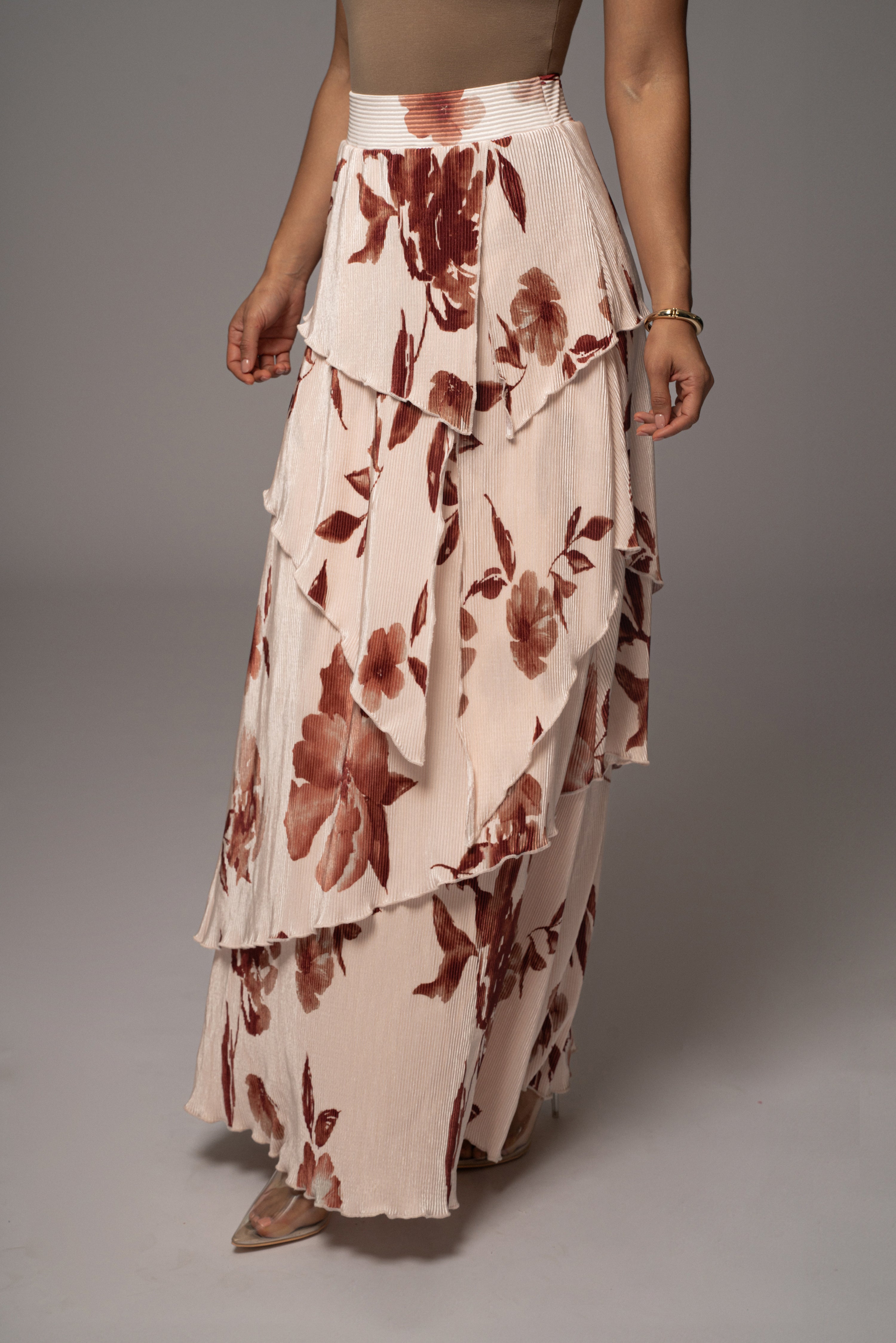 Cream Floral Kamira Tiered Skirt - JLUXLABEL