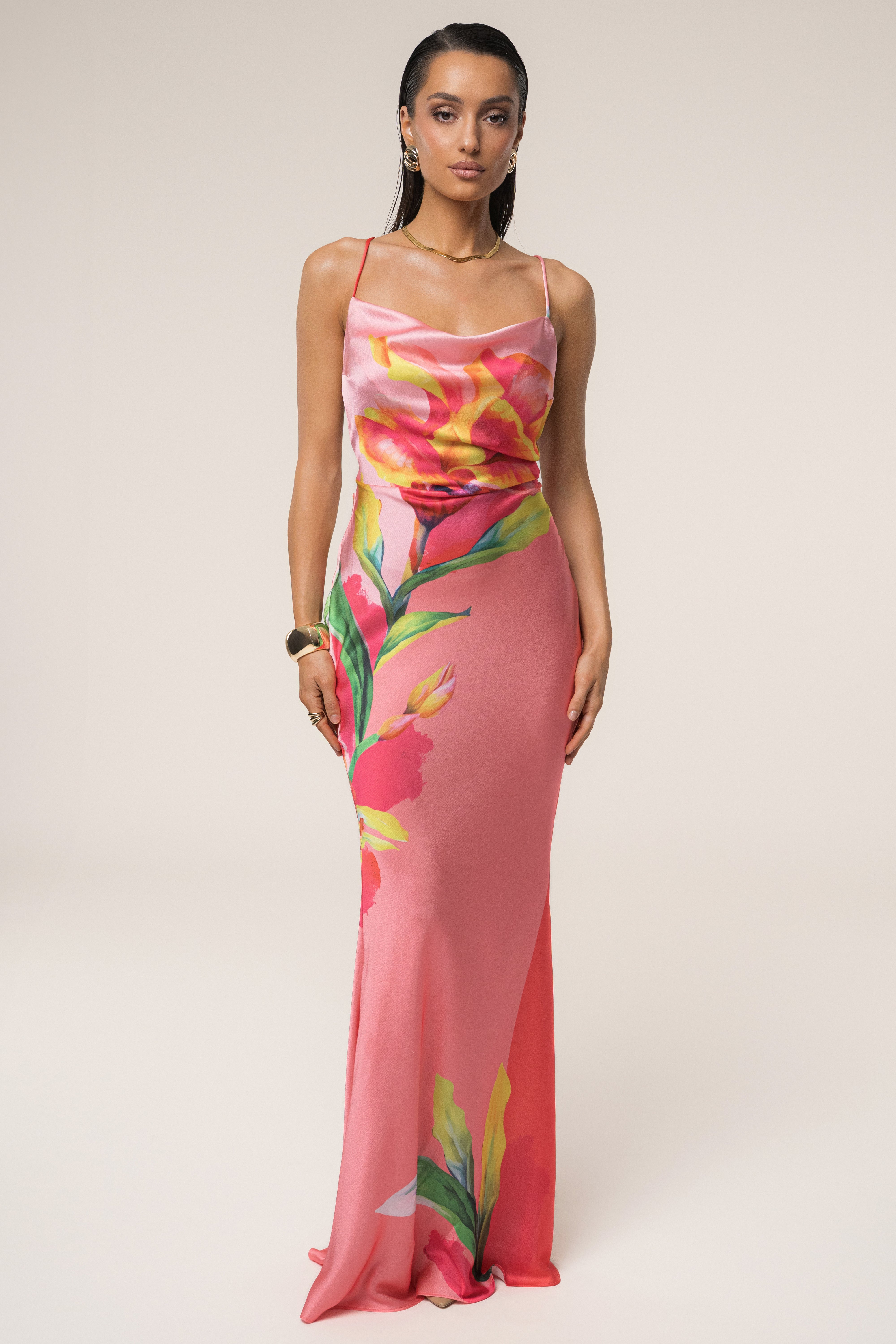 PRE-ORDER Pink Satin Floral Print Maxi Dress - JLUXLABEL