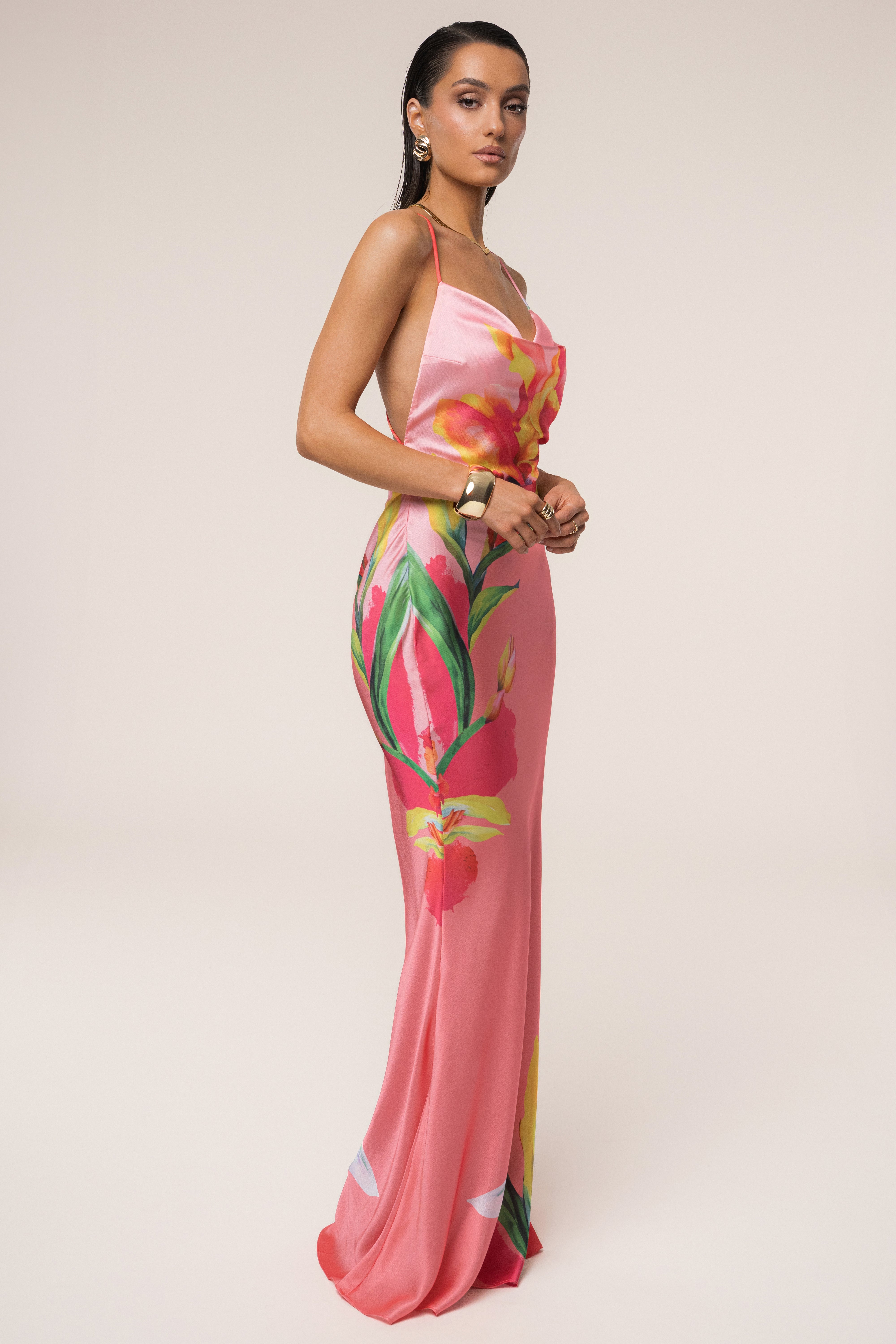 PRE-ORDER Pink Satin Floral Print Maxi Dress - JLUXLABEL