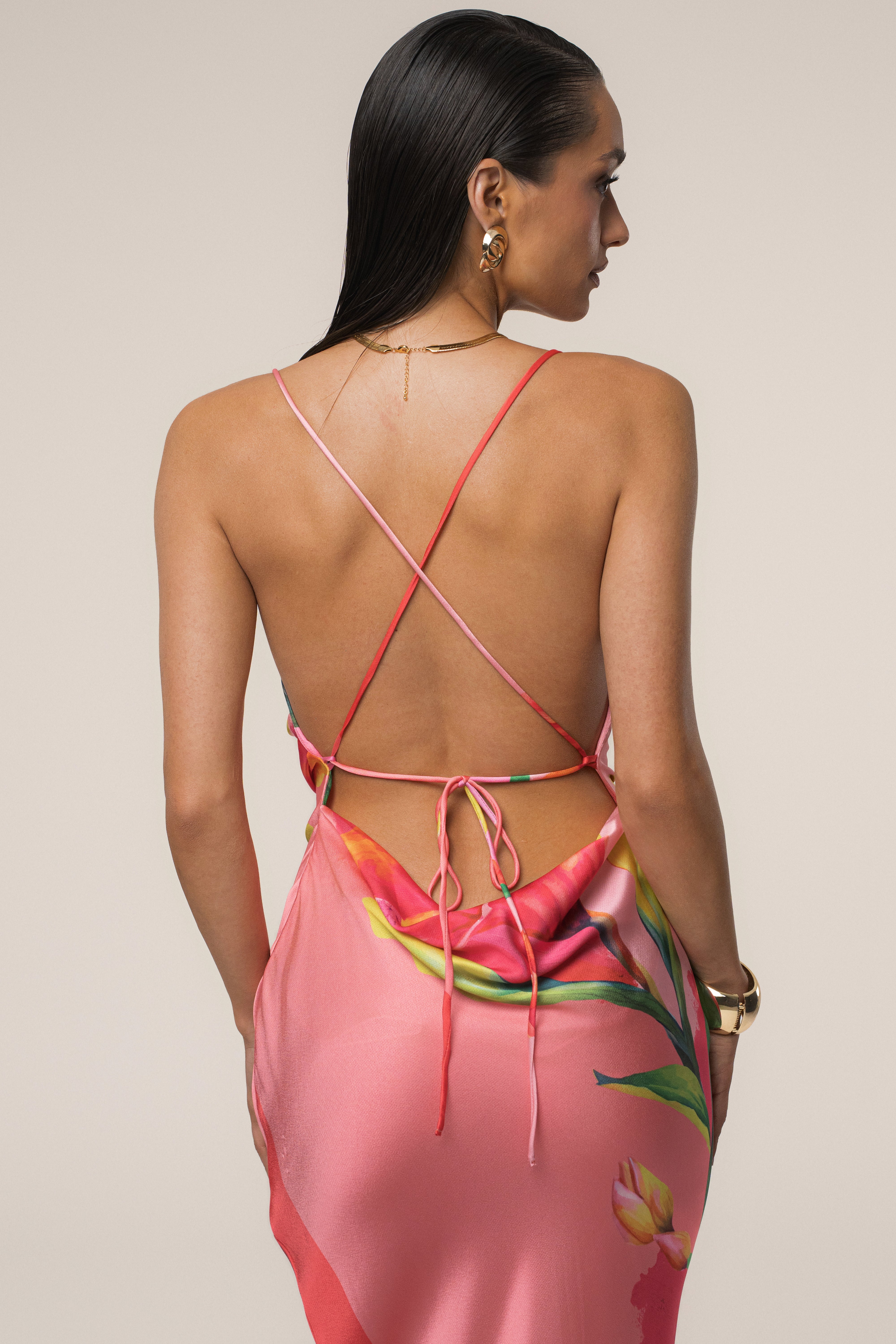 PRE-ORDER Pink Satin Floral Print Maxi Dress - JLUXLABEL