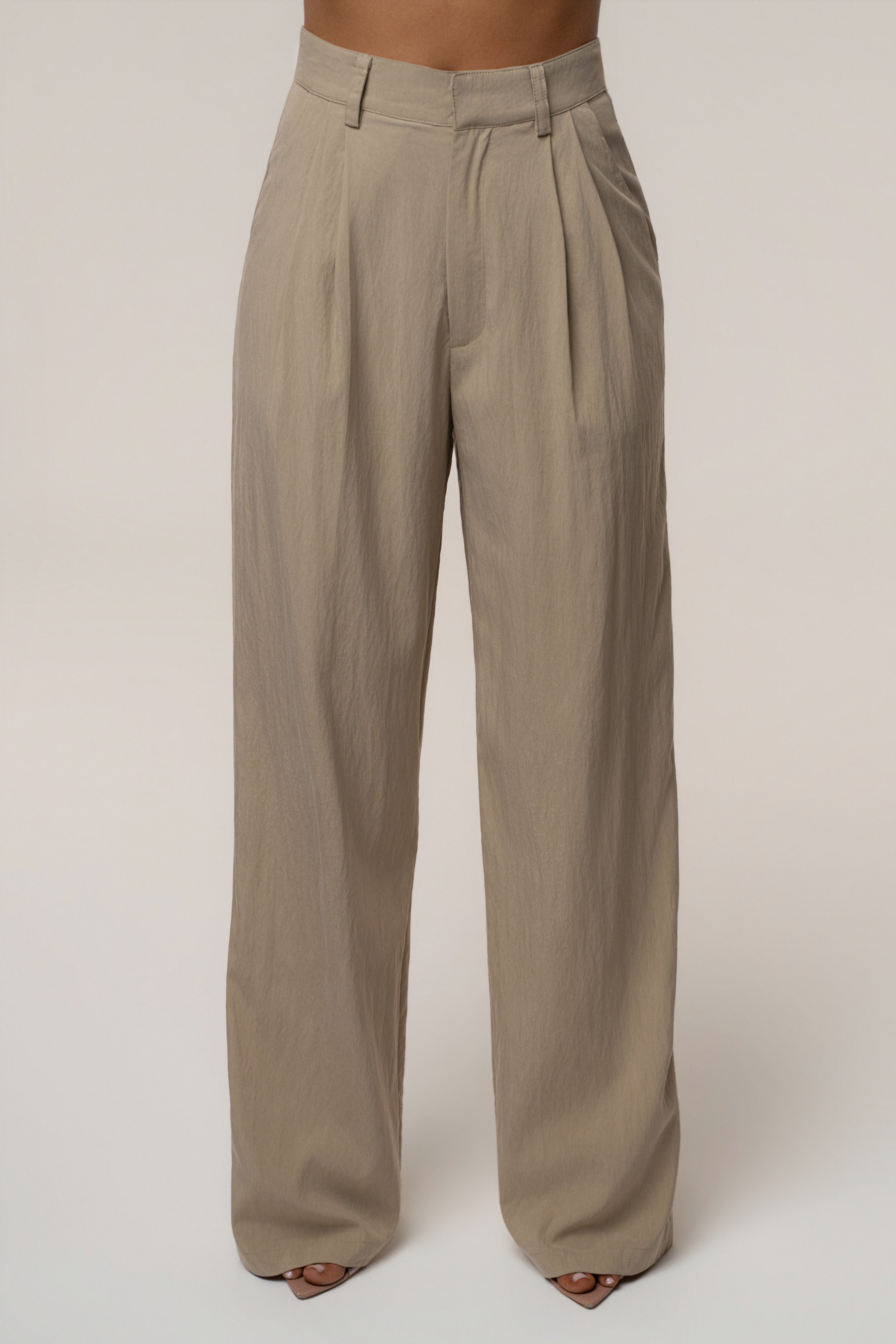 Taupe JLUXLABEL Essential Flow Trouser, stylish bottoms with a tailored fit, shown on a model.