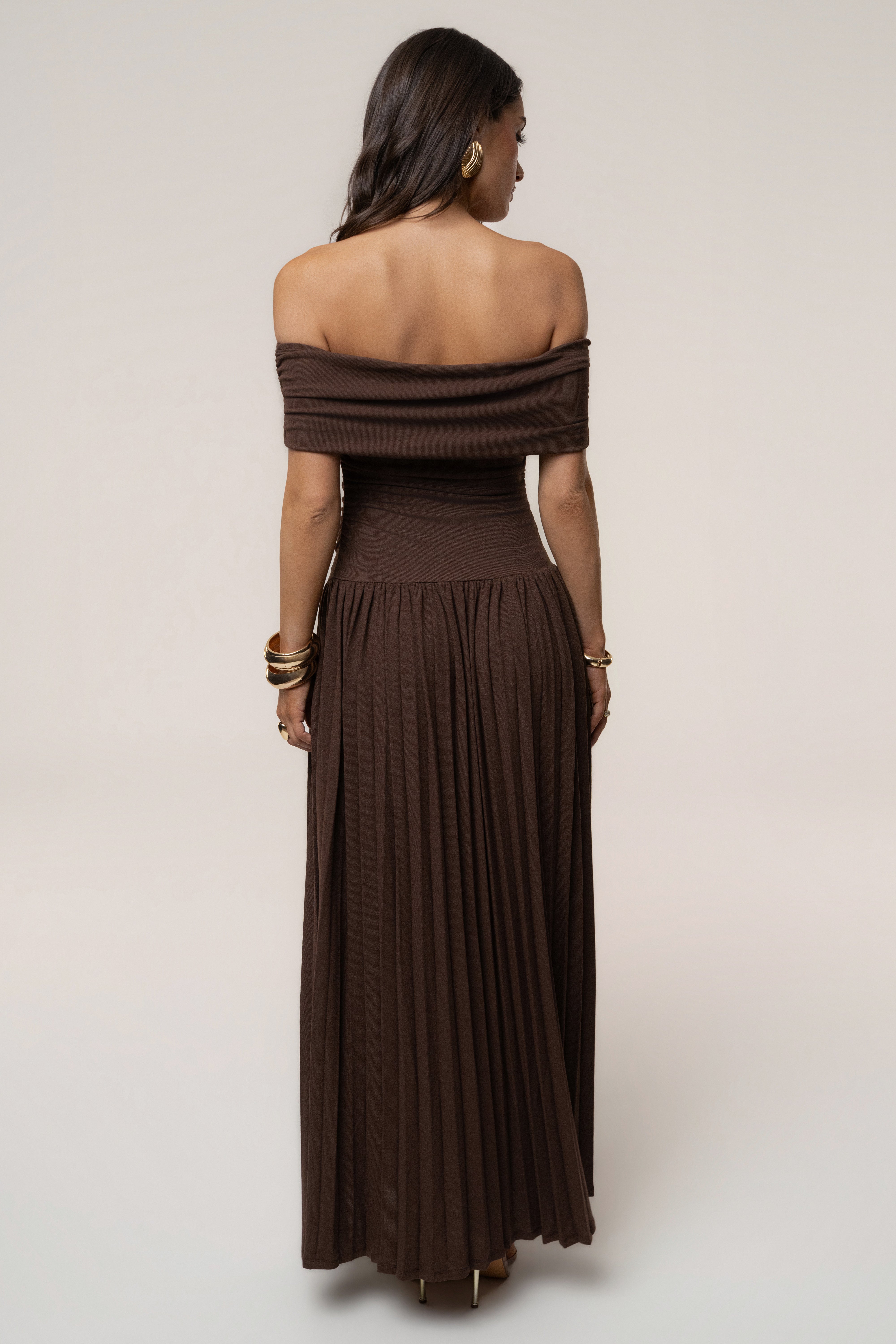 Brown JLUXLABEL pleated maxi dress with infinite pleats, flowing silhouette, and elegant design suitable for casual or formal wear