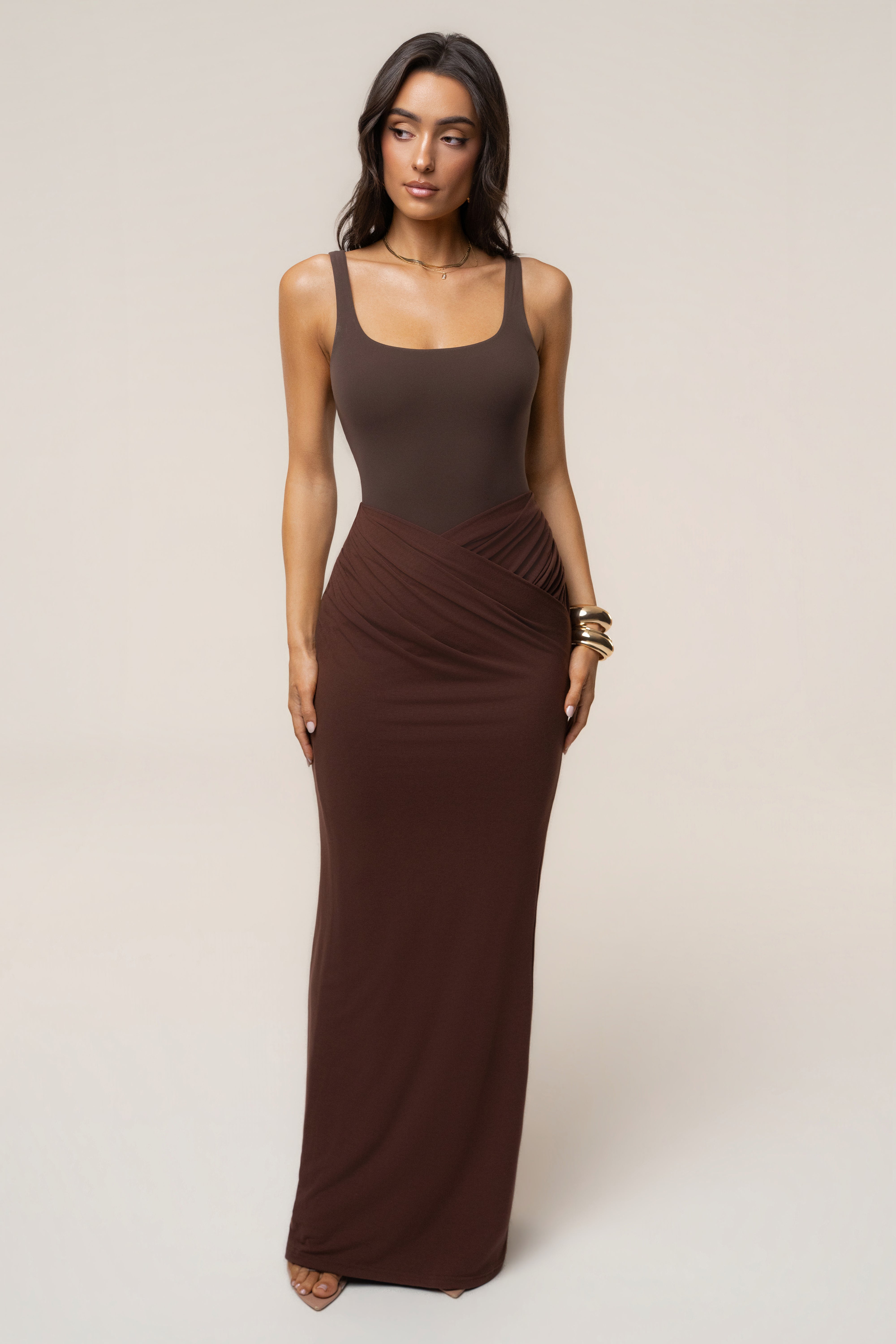 Chocolate Passion Maxi Skirt from JLUXLABEL, flowing brown bottoms with a stylish, elegant design and length.