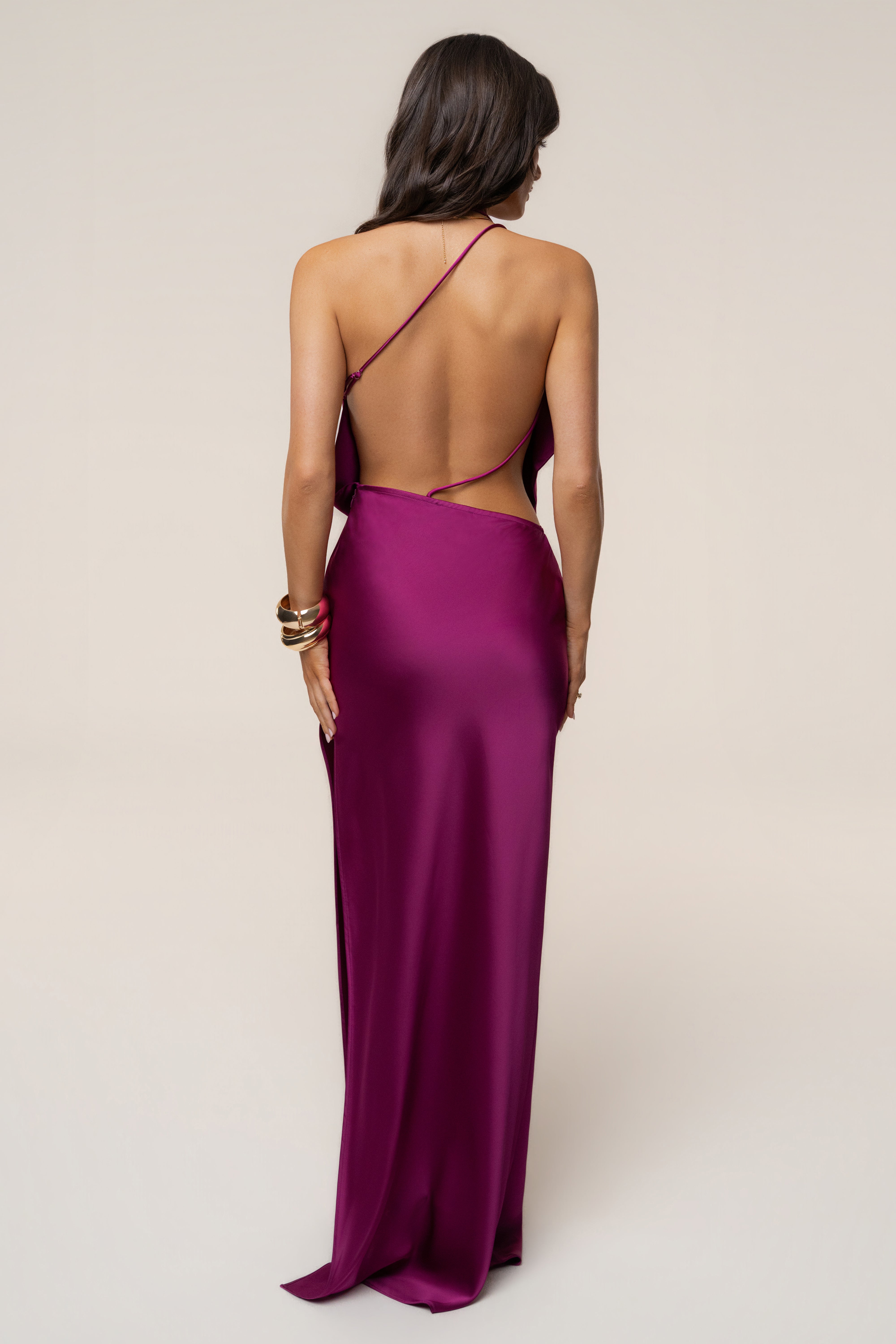 Back view of a woman wearing a fuchsia Delmara Cowl Maxi Dress with slim crossback straps and an open back