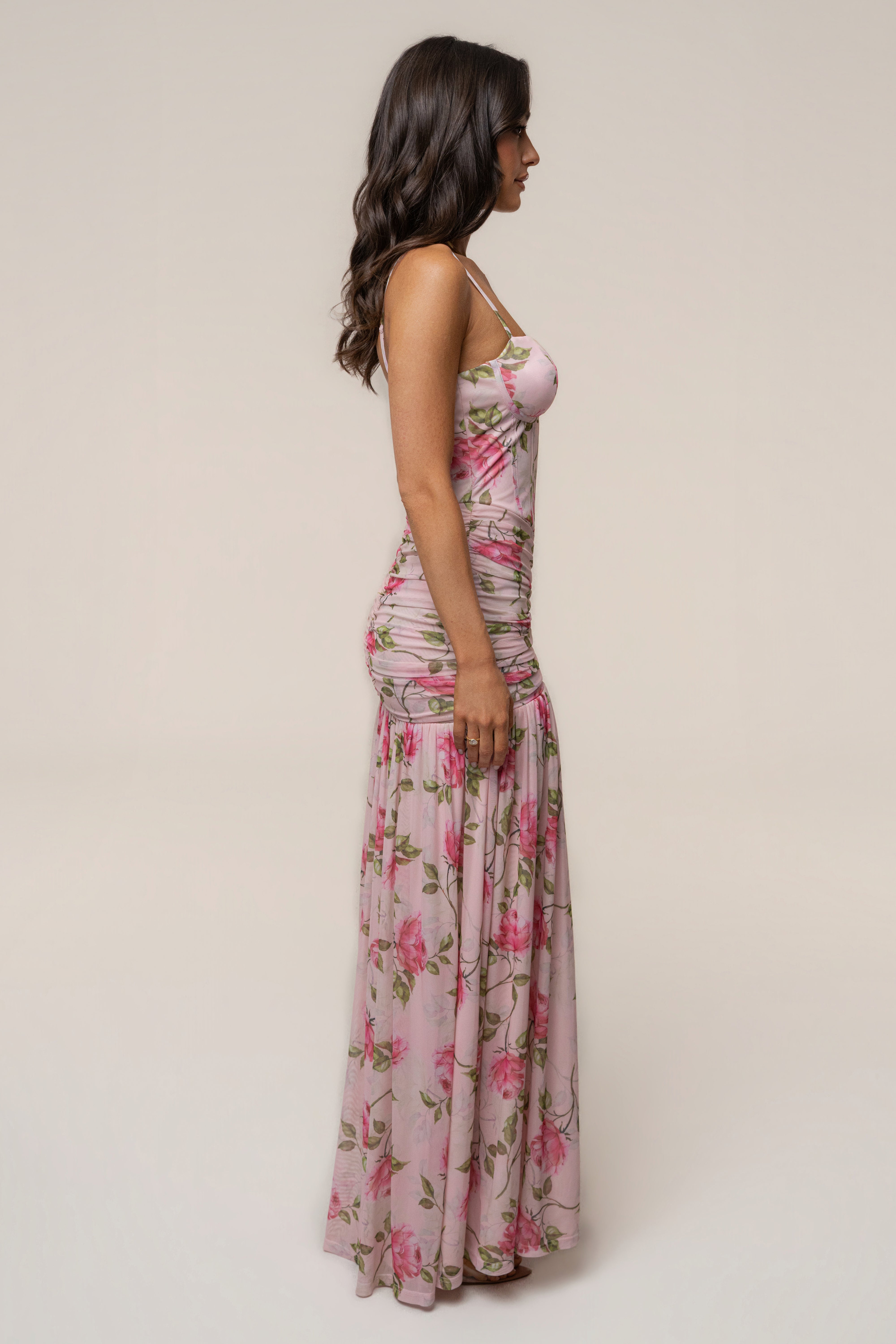 Pink blooming maxi dress by JLUXLABEL featuring floral pattern, flowing fabric, and elegant design for stylish occasions.