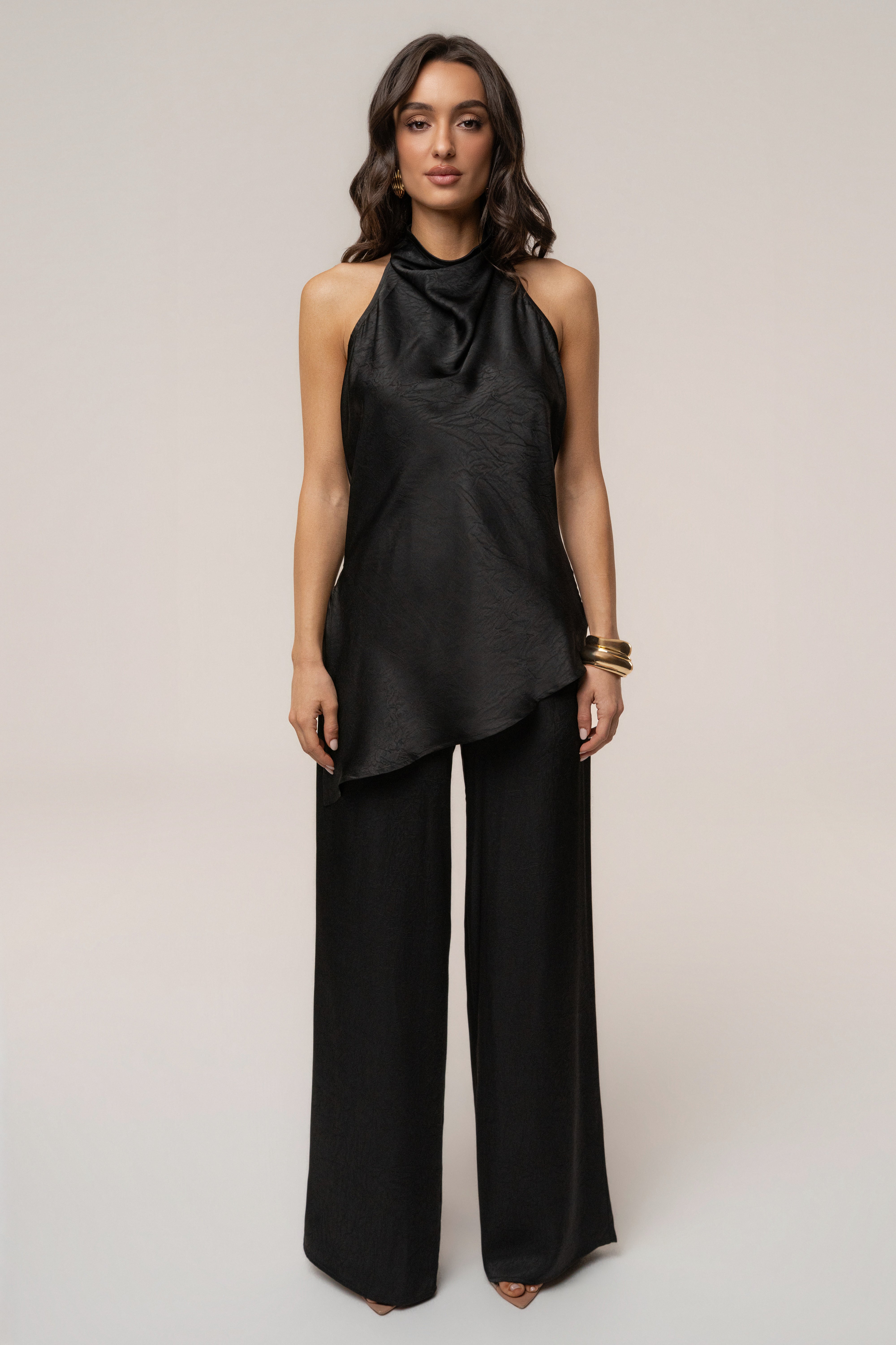 Black satin pant set with draped design from JLUXLABEL, featuring a stylish, elegant look for casual or evening wear.