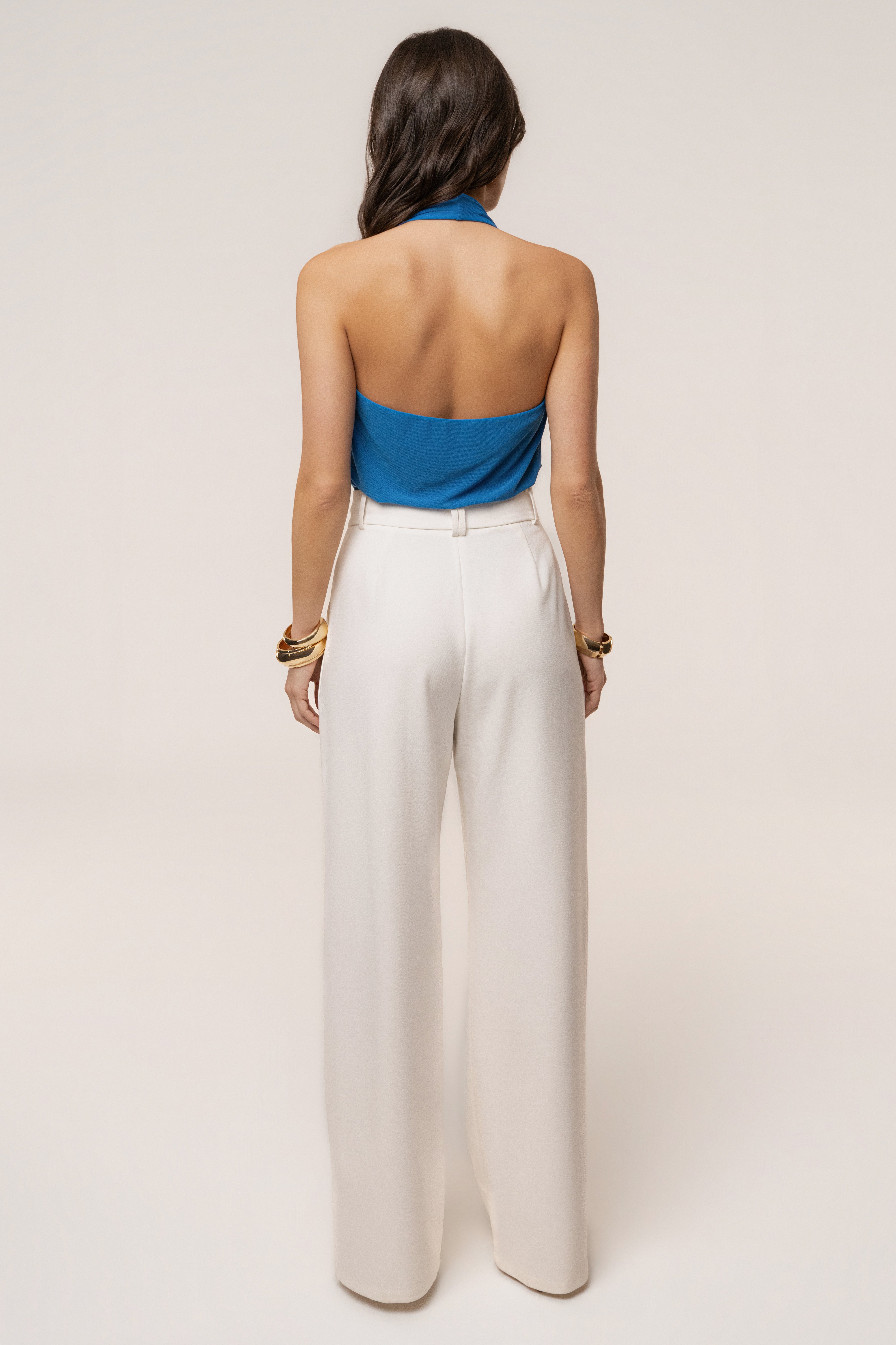 Blue JLUXLABEL Bare Form plunge bodysuit, close-up of the fitted top with deep V neckline and sleek fabric details.