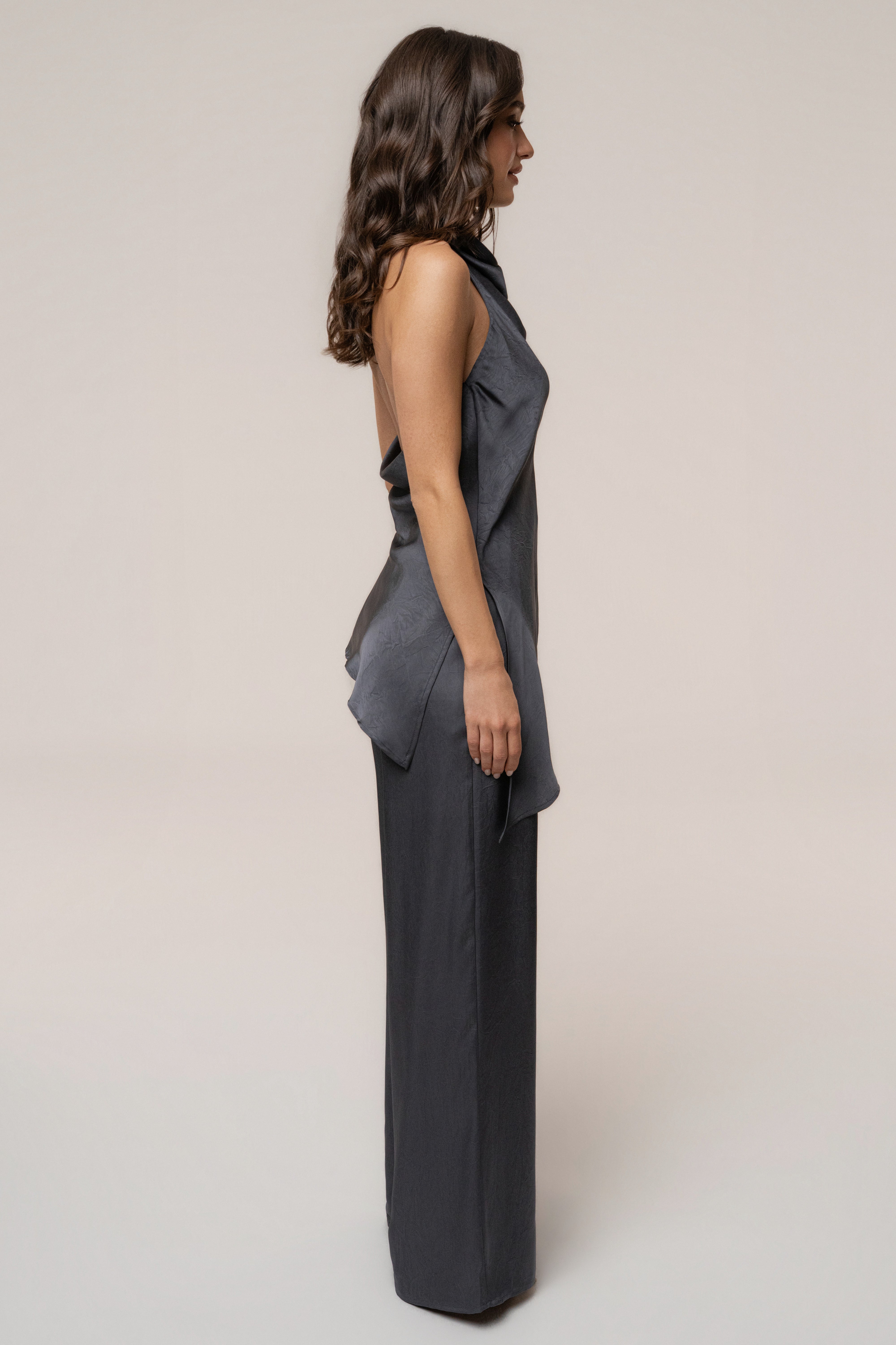 Midnight blue satin pant set by JLUXLABEL featuring a draped design and matching top, stylish and elegant for modern fashion.