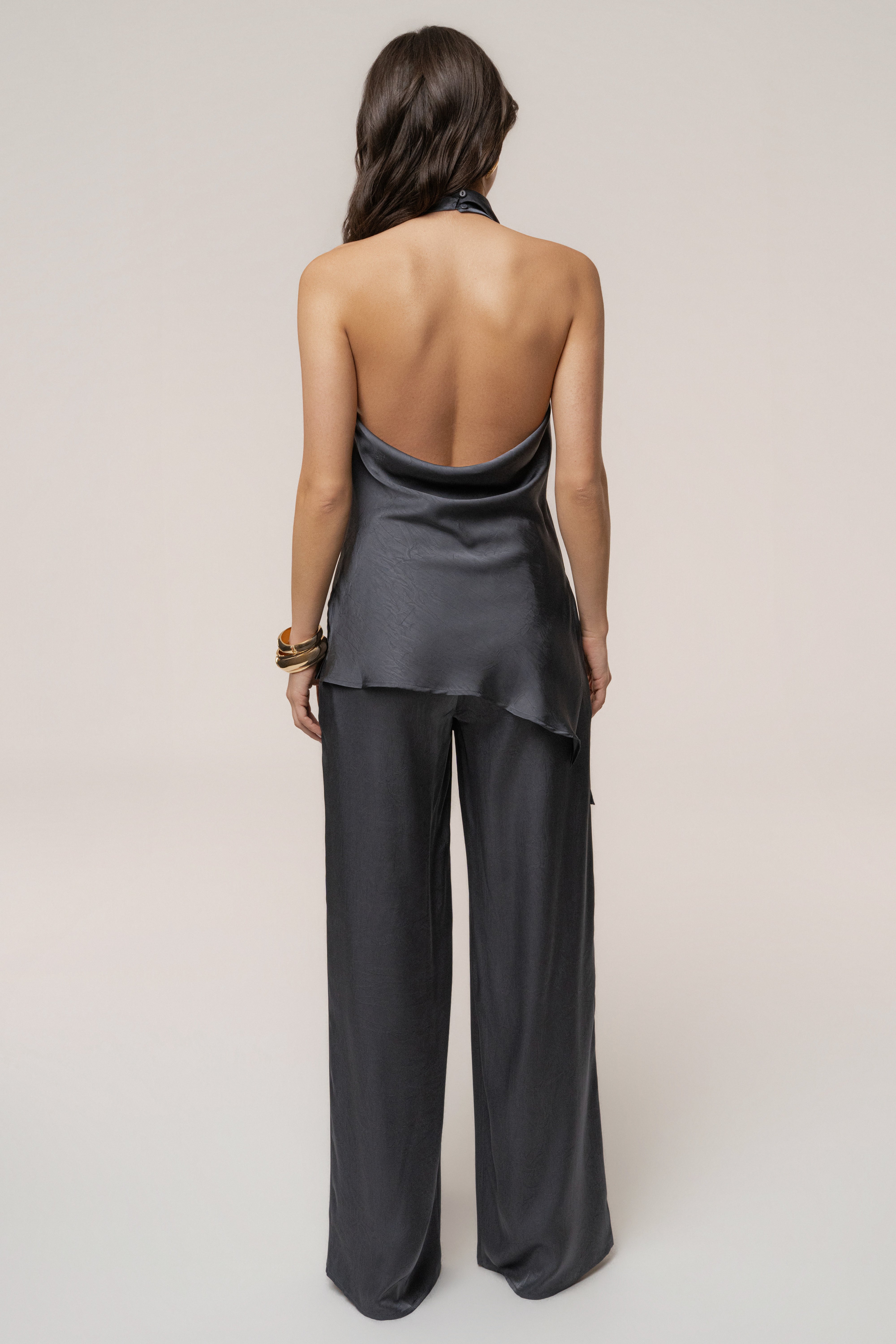 Midnight blue satin pant set with draped design from JLUXLABEL, featuring a stylish and elegant matching top and pants.