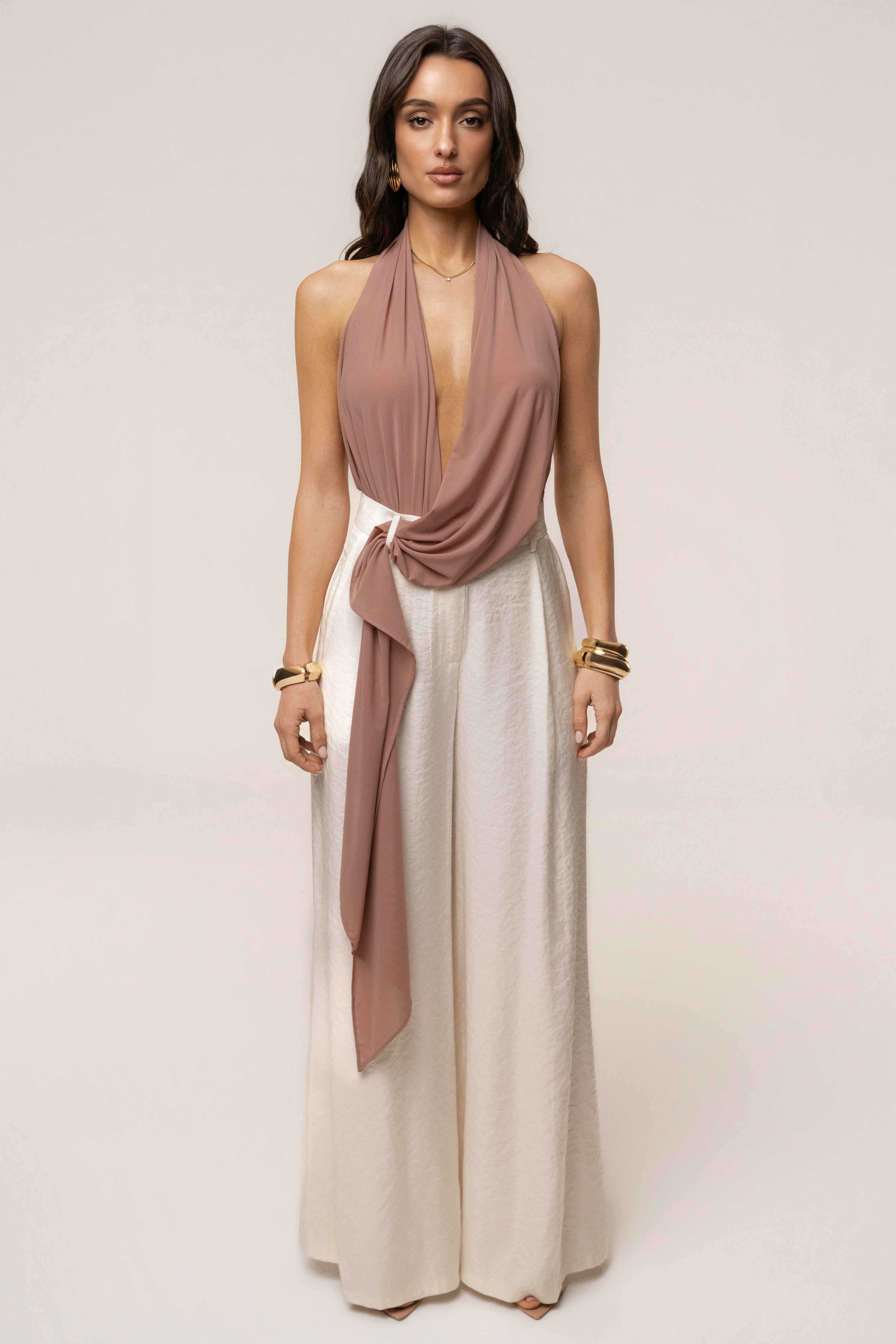 Dusty rose JLUXLABEL Bare Form plunge bodysuit, stylish tops with a deep V neckline and fitted design, shown on a model.