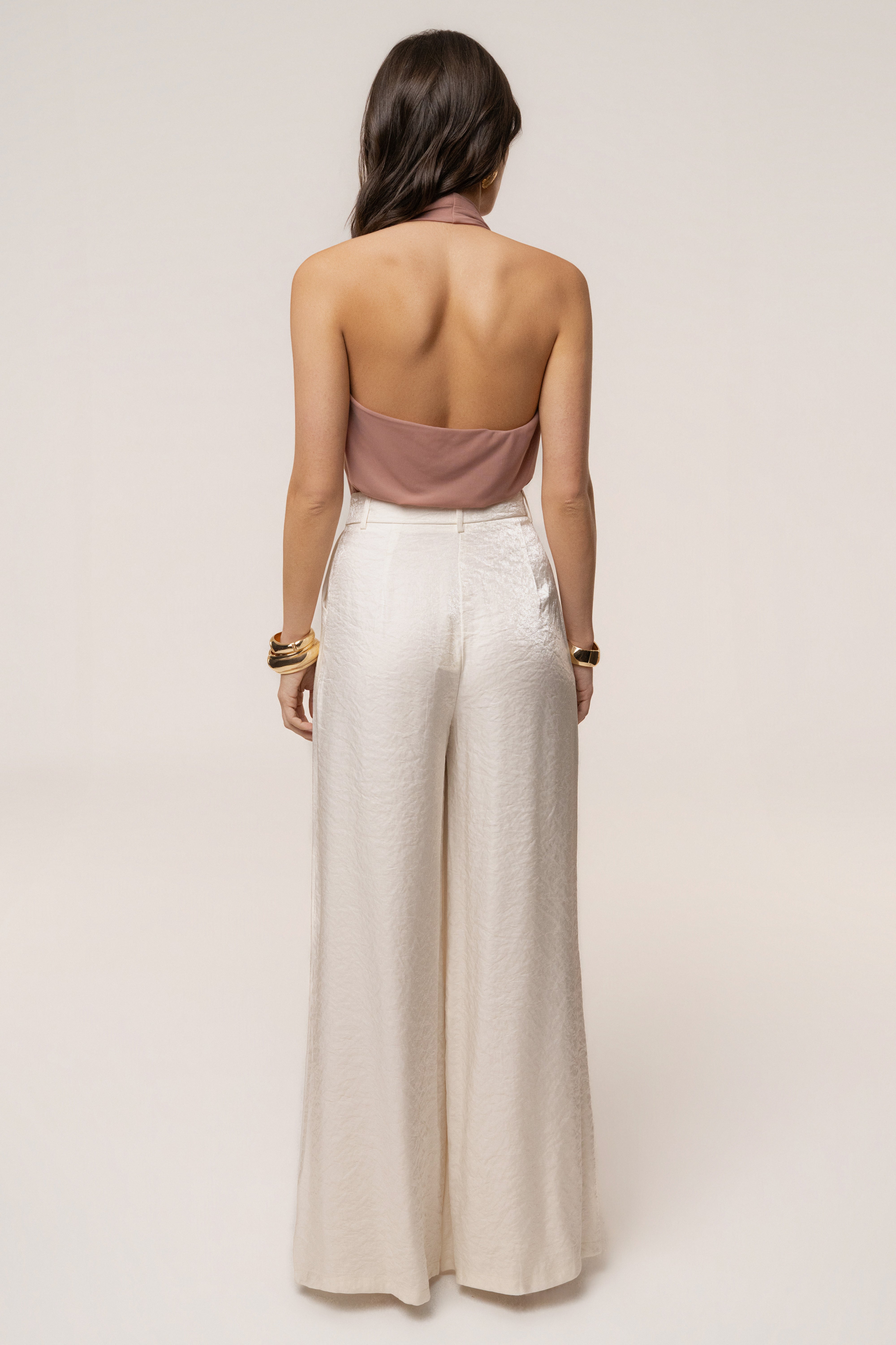 Dusty rose JLUXLABEL bare form plunge bodysuit, stylish tops with a fitted design and deep V neckline, shown on a model.