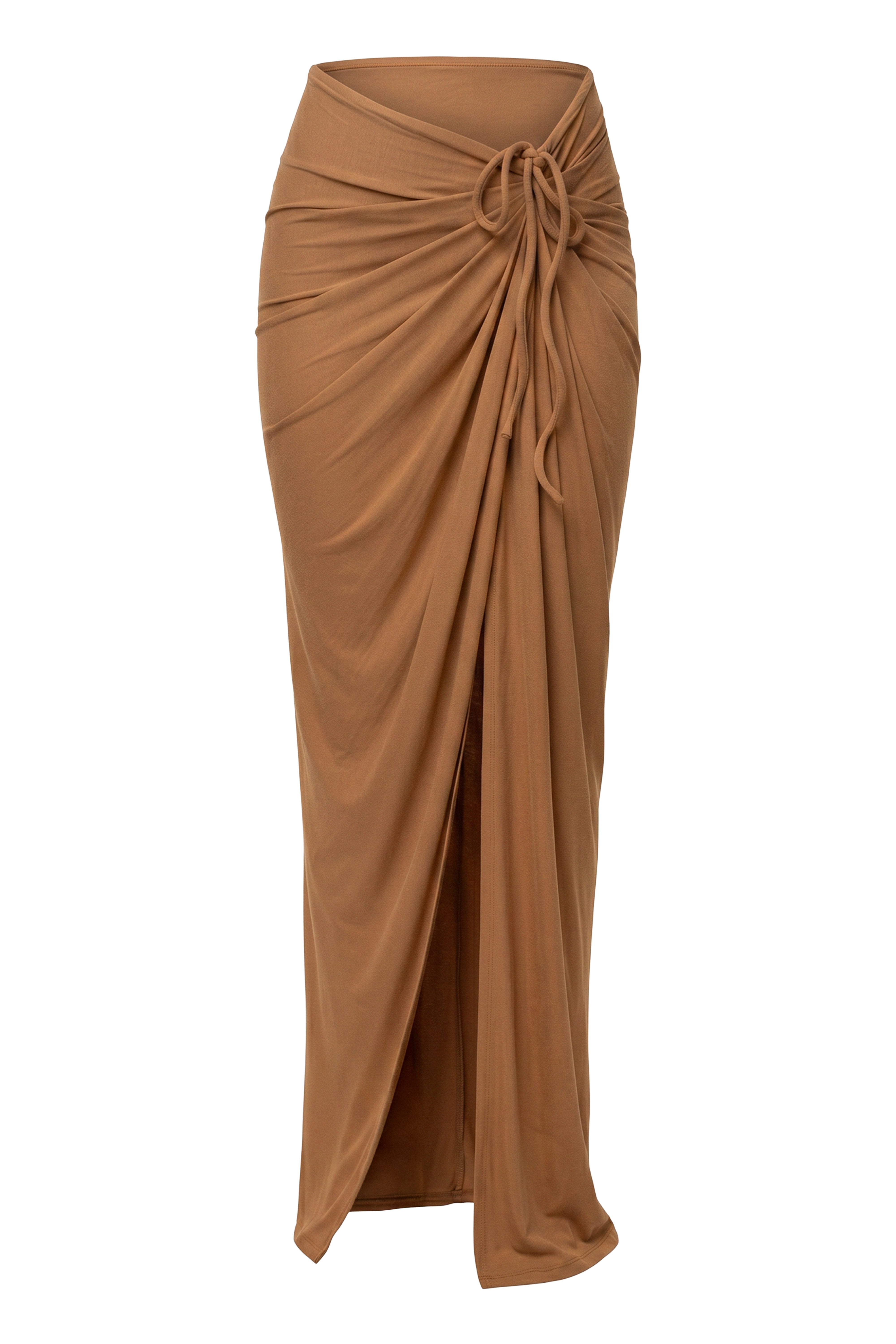 Tan Island Drape Maxi Skirt by JLUXLABEL, flowing fabric with draped design, styled as a stylish boho bottom.