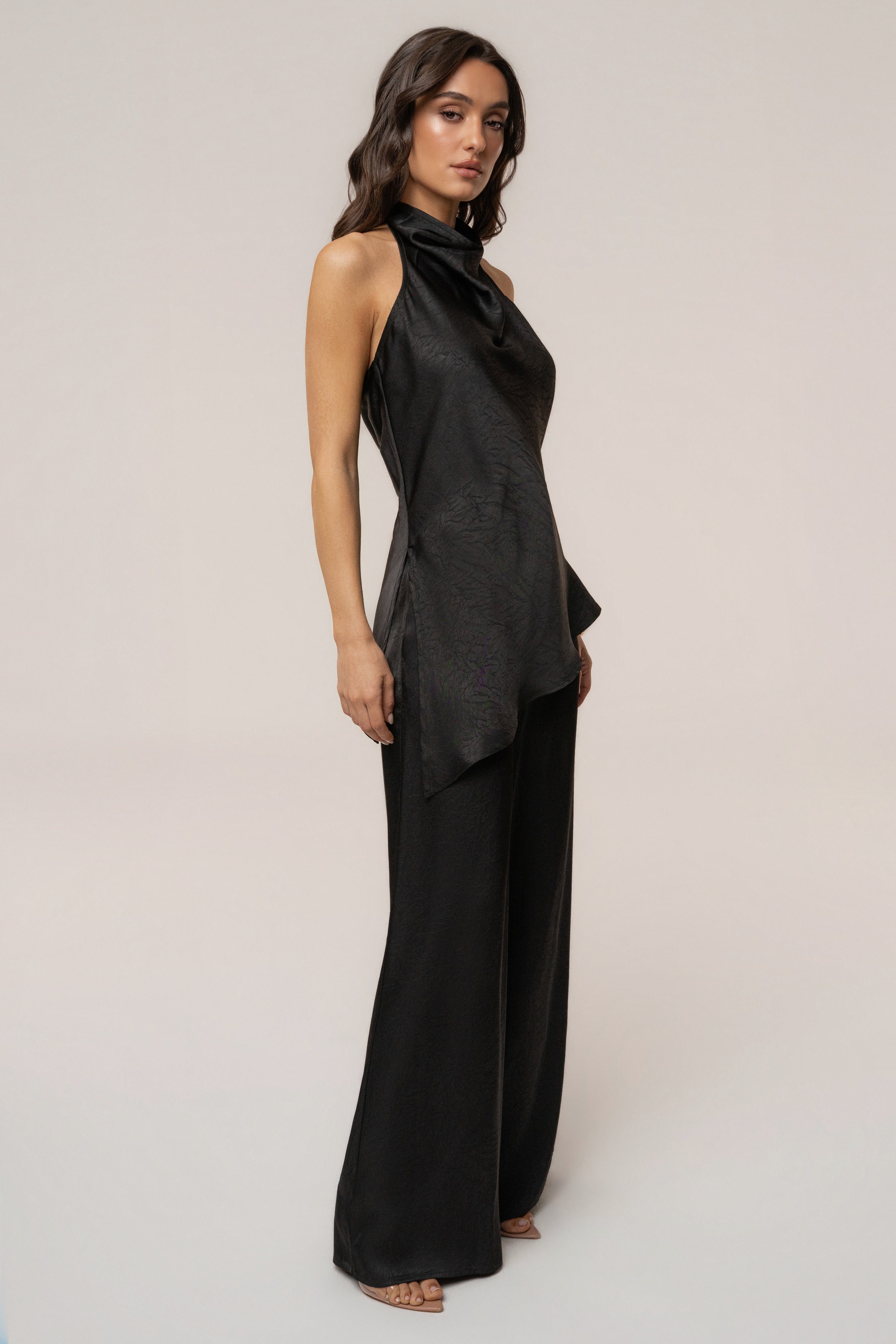 Black satin pant set with draped design from JLUXLABEL, featuring a stylish, elegant look perfect for sophisticated occasions.
