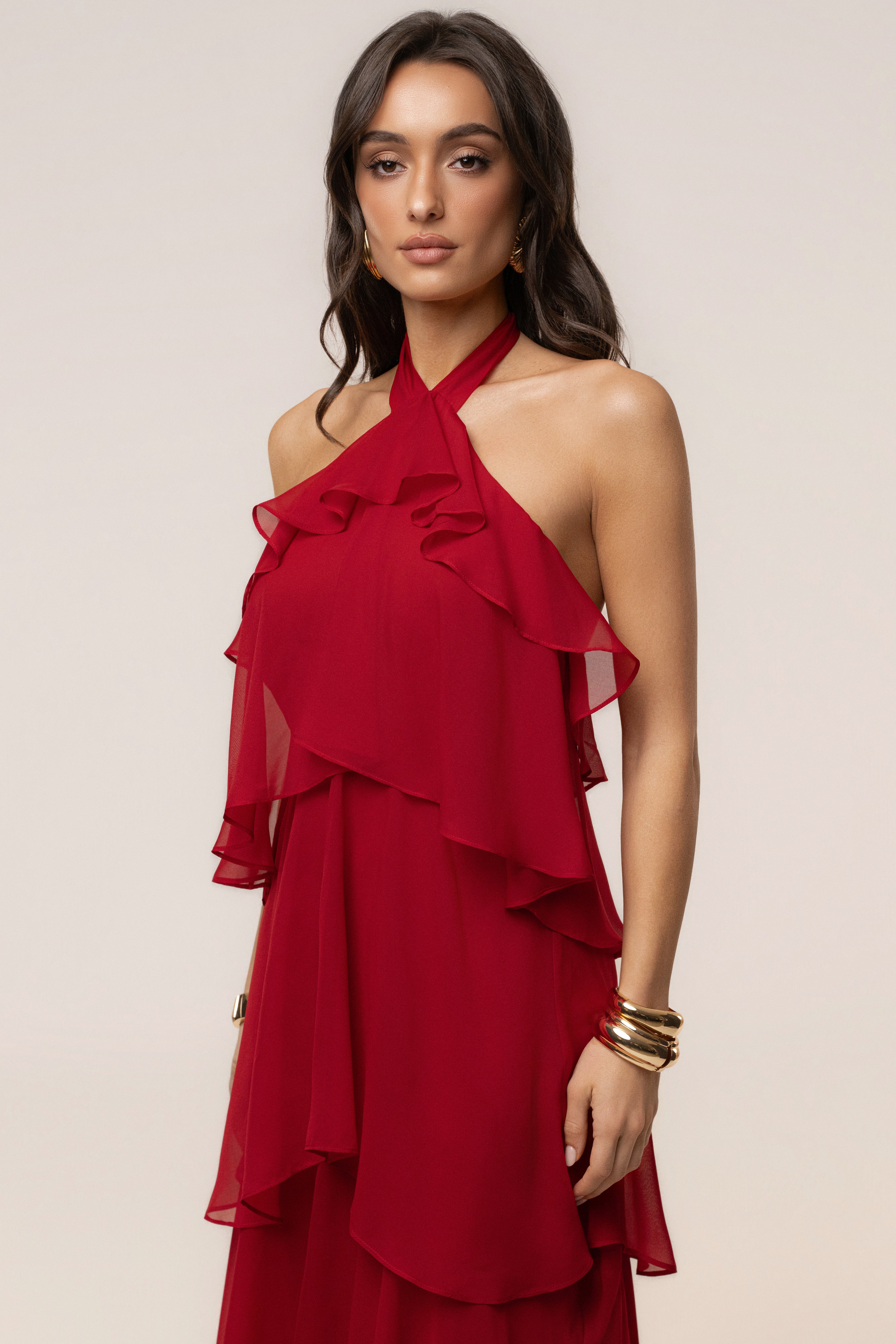 Red JLUXLABEL maxi dress with cloud-inspired print, flowing fabric, and sleeveless design, perfect for summer occasions.