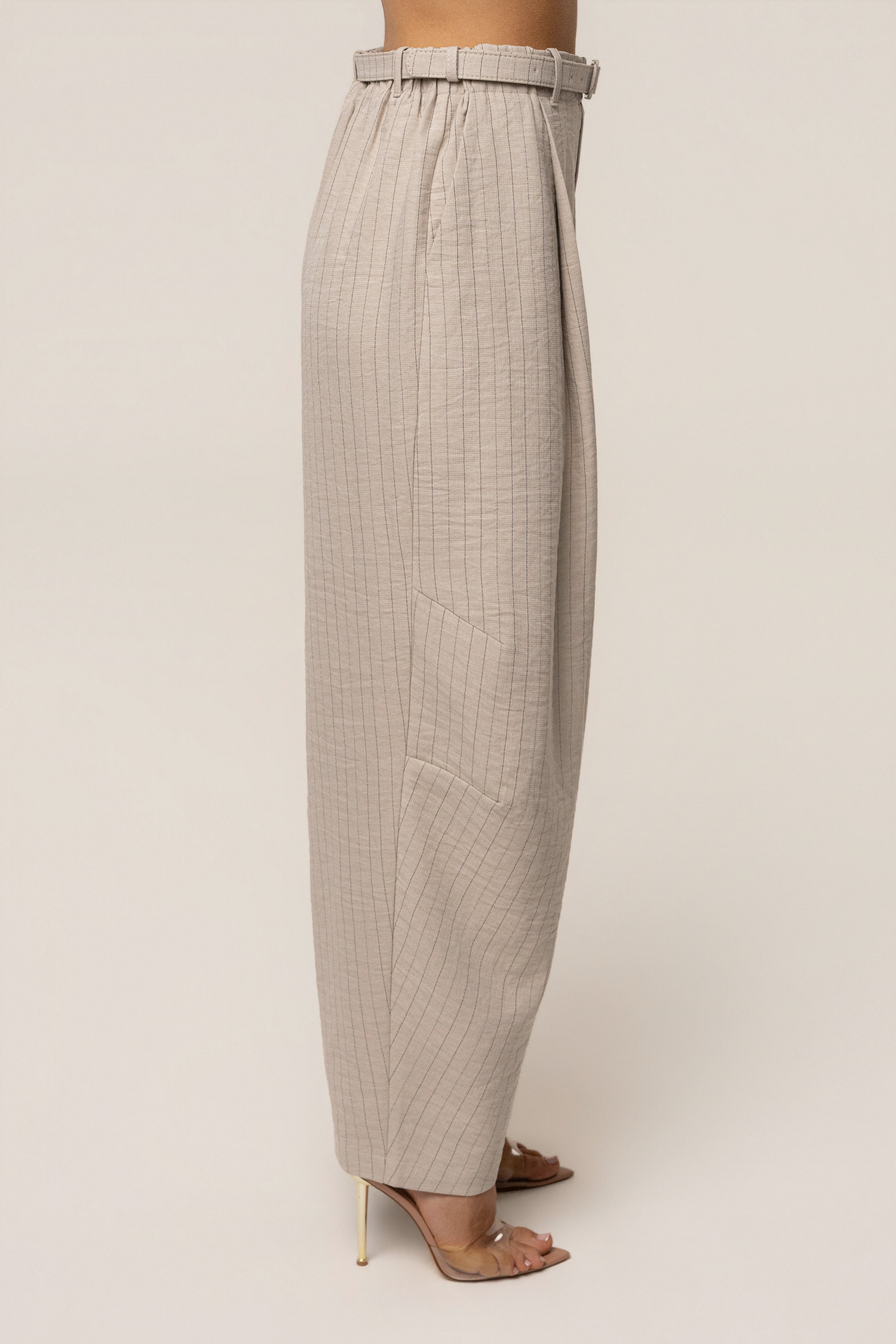 Beige JLUXLABEL power pinstripe pant set featuring tailored trousers and matching blazer for a stylish, professional look.