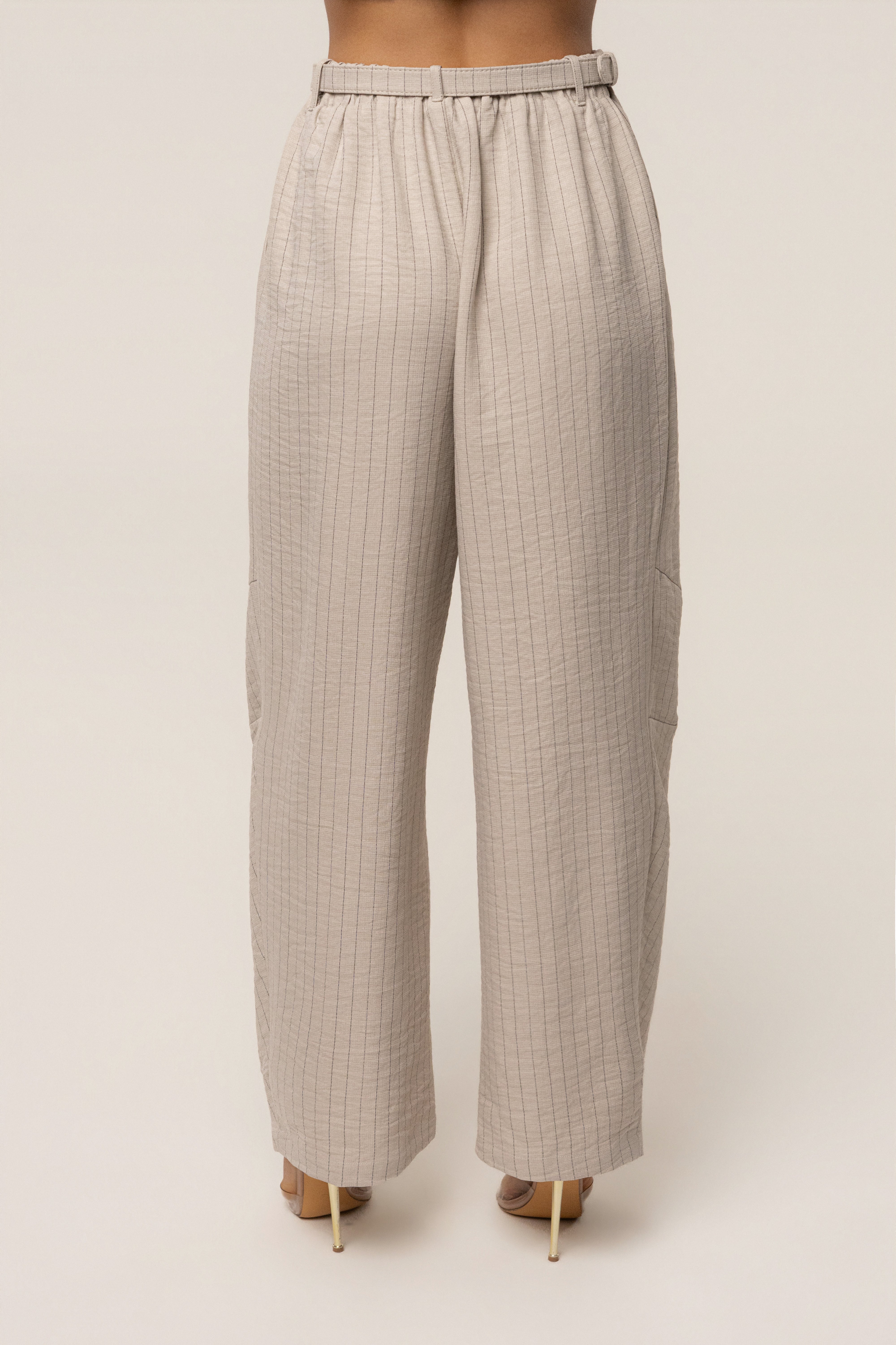 Beige JLUXLABEL power pinstripe pant set with tailored blazer and matching wide-leg trousers, stylish and professional women's outfit
