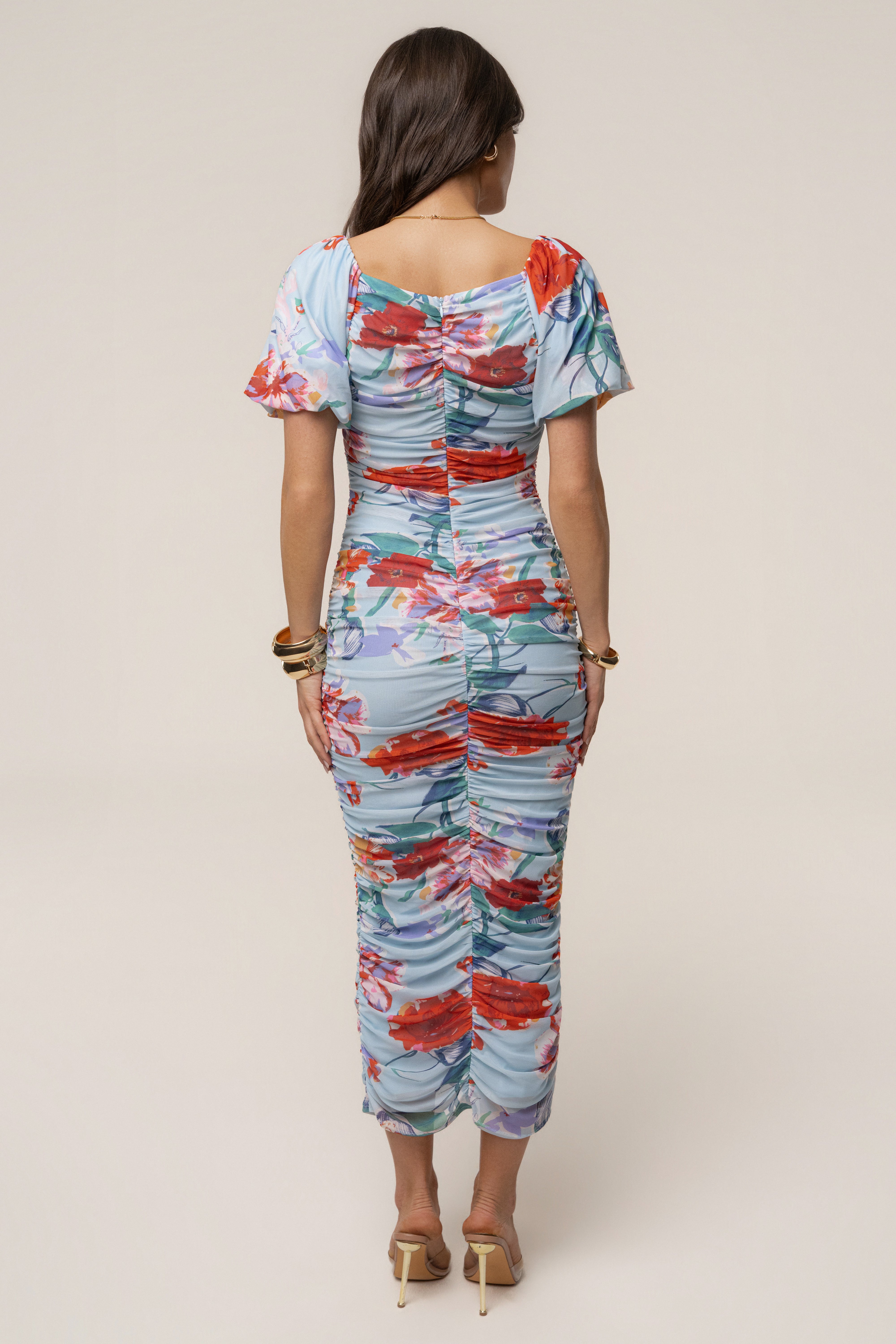 Blue JLUXLABEL Garden Bloom midi dress with floral pattern, sleeveless design, and flowing fabric perfect for summer occasions.