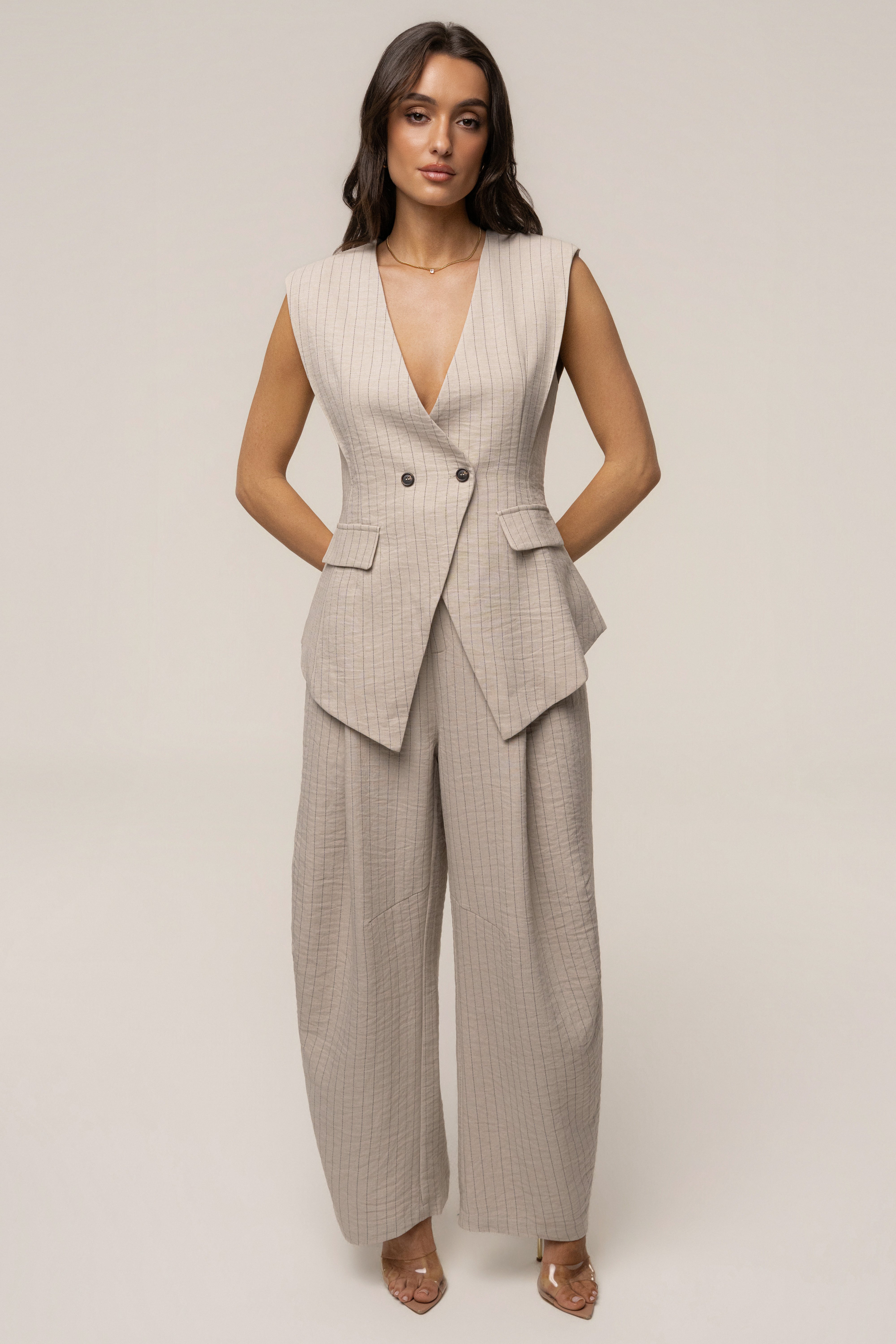 Beige JLUXLABEL power pinstripe pant set with tailored blazer and matching wide-leg pants, stylish and professional outfit.
