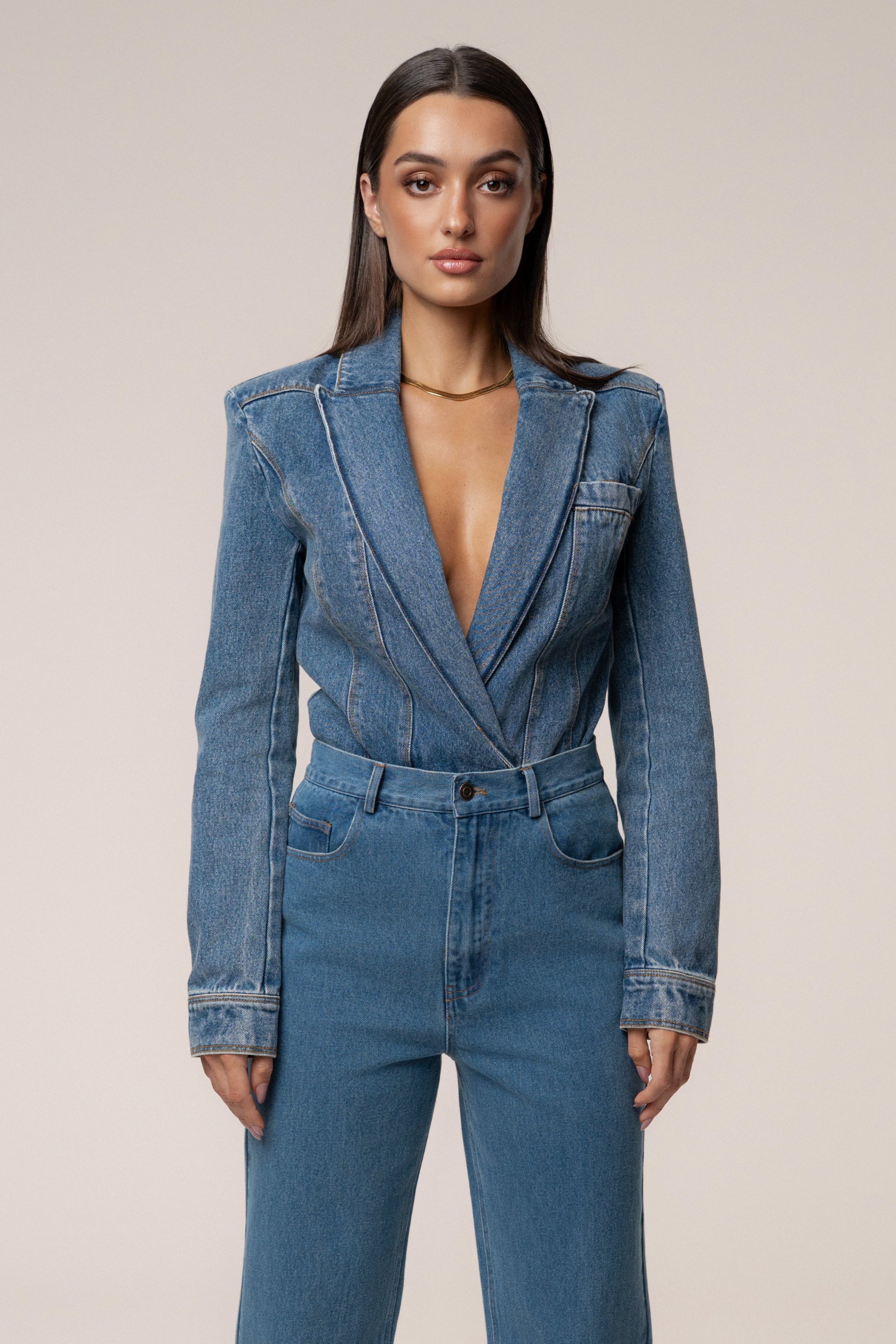 Medium Wash Dominica Structured Denim Bodysuit - JLUXLABEL