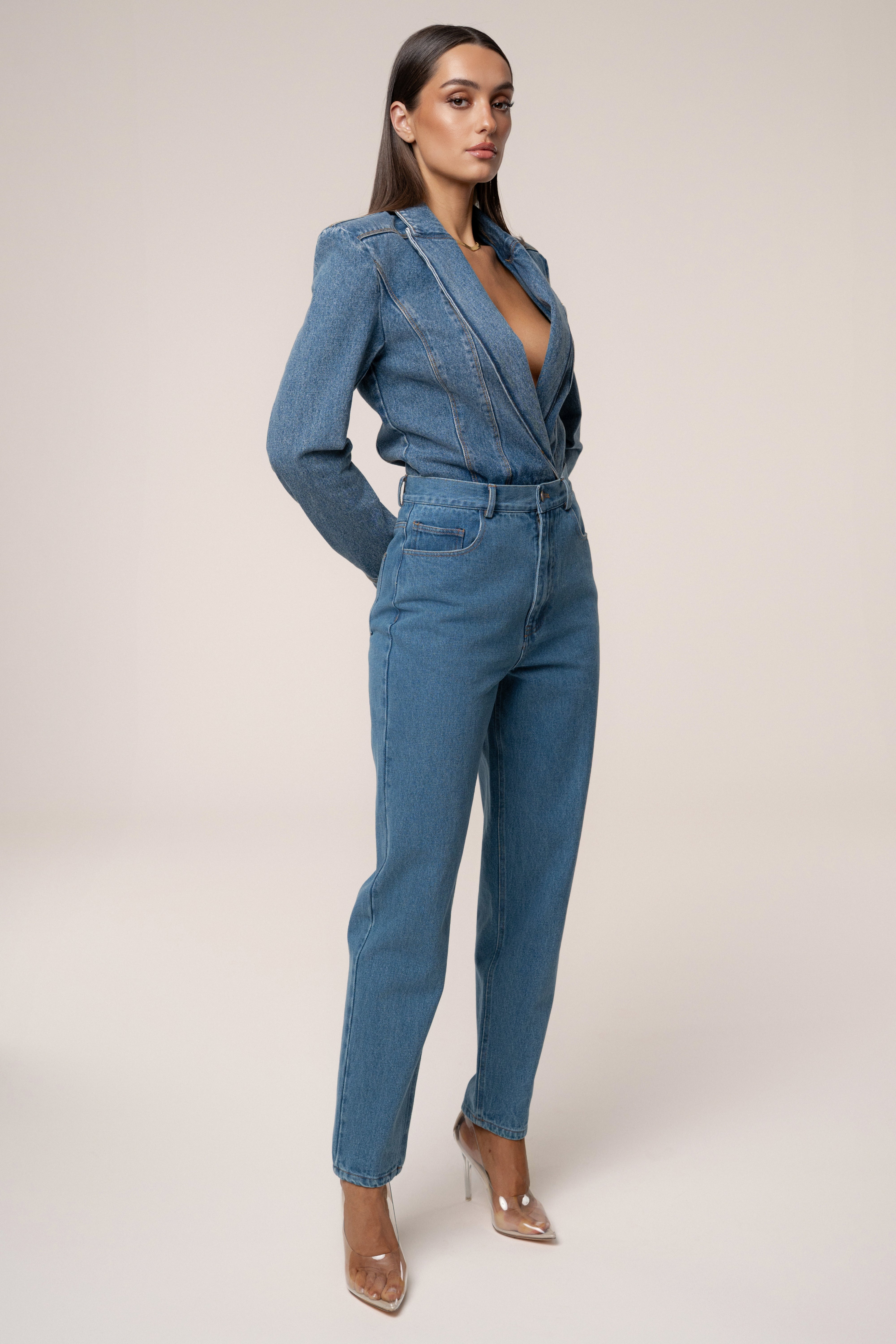 Medium Wash Dominica Structured Denim Bodysuit - JLUXLABEL