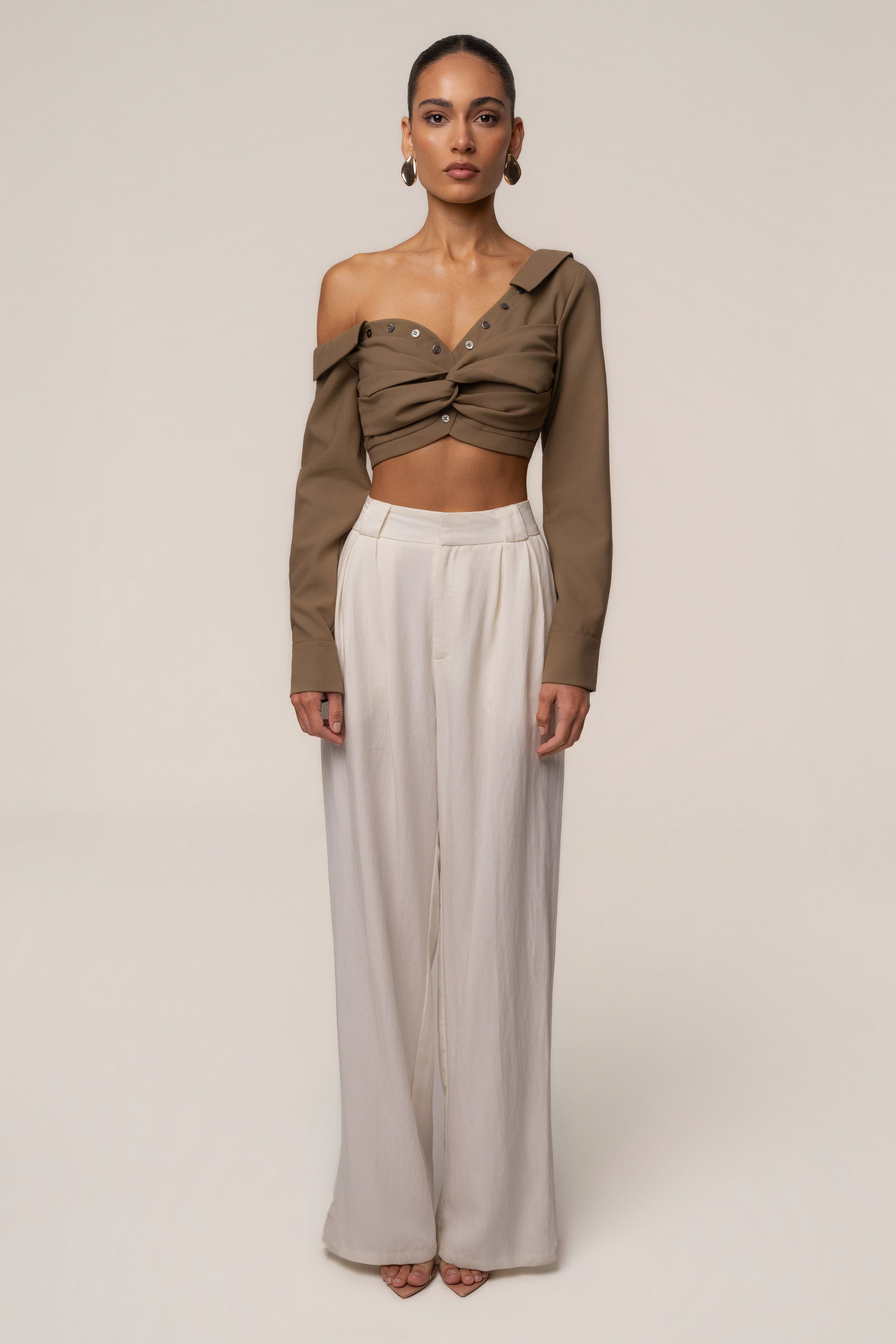 Olive Off-Shoulder Twist Crop Top - JLUXLABEL