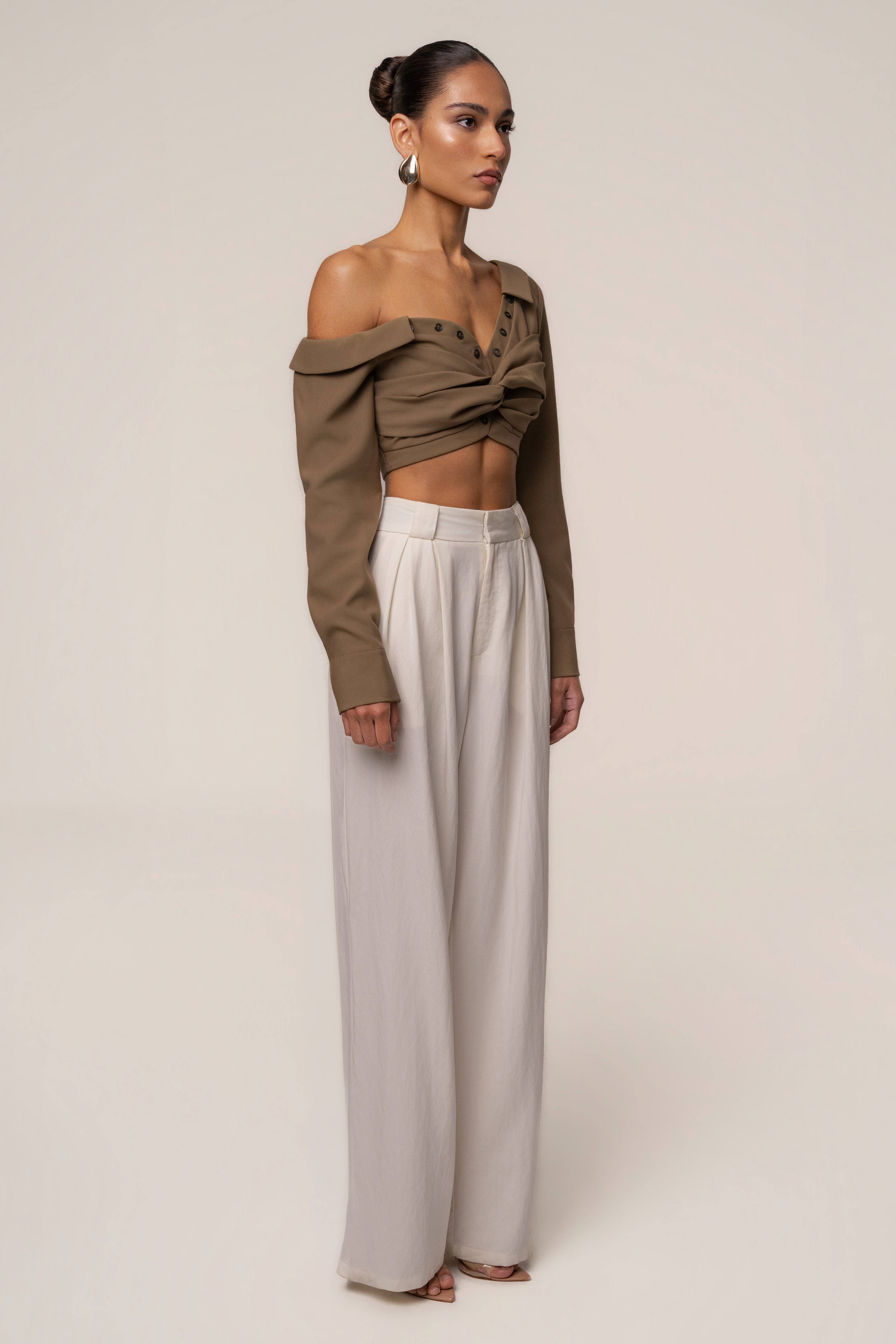 Olive Off-Shoulder Twist Crop Top - JLUXLABEL