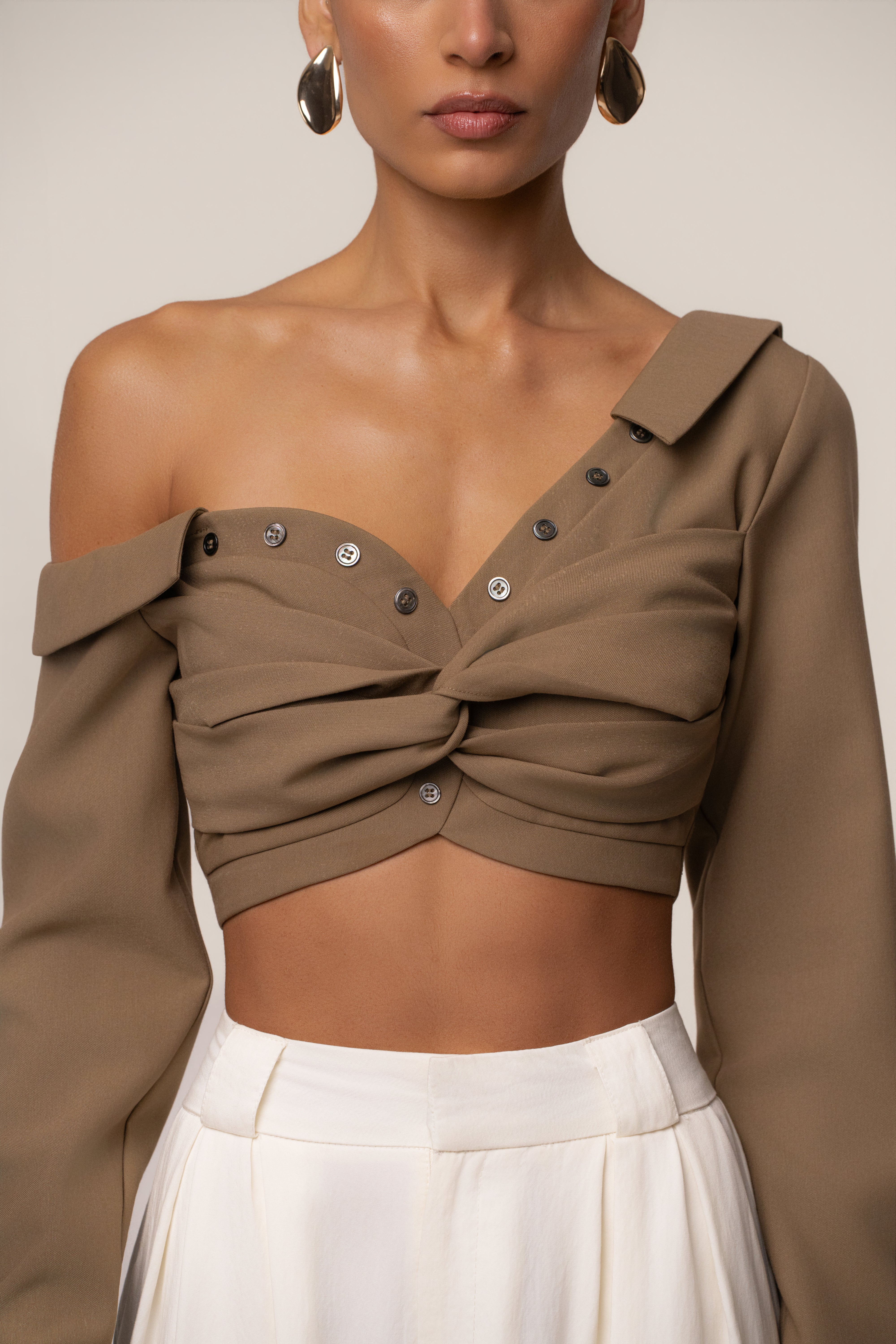 Olive Off-Shoulder Twist Crop Top - JLUXLABEL