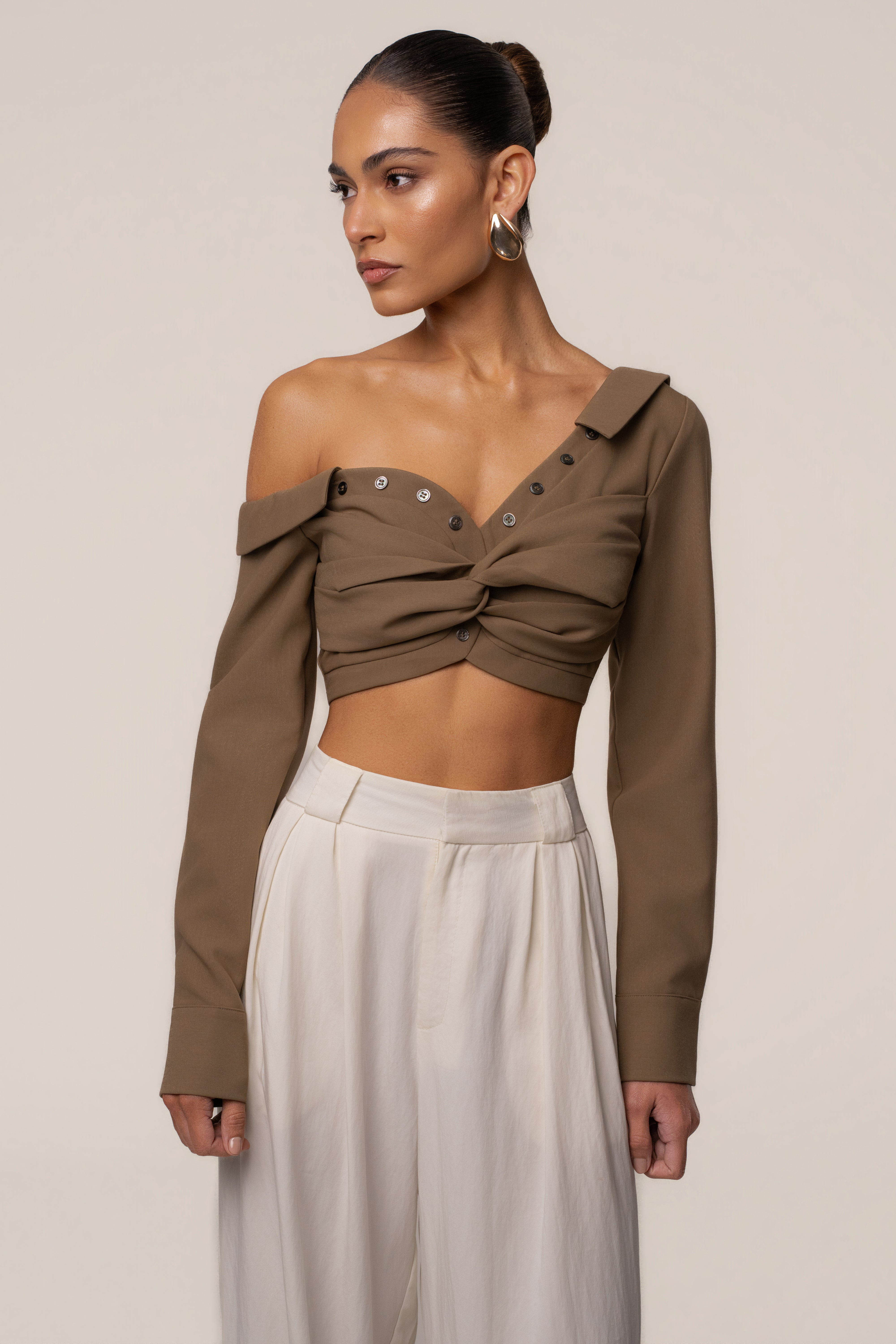 Olive Off-Shoulder Twist Crop Top - JLUXLABEL