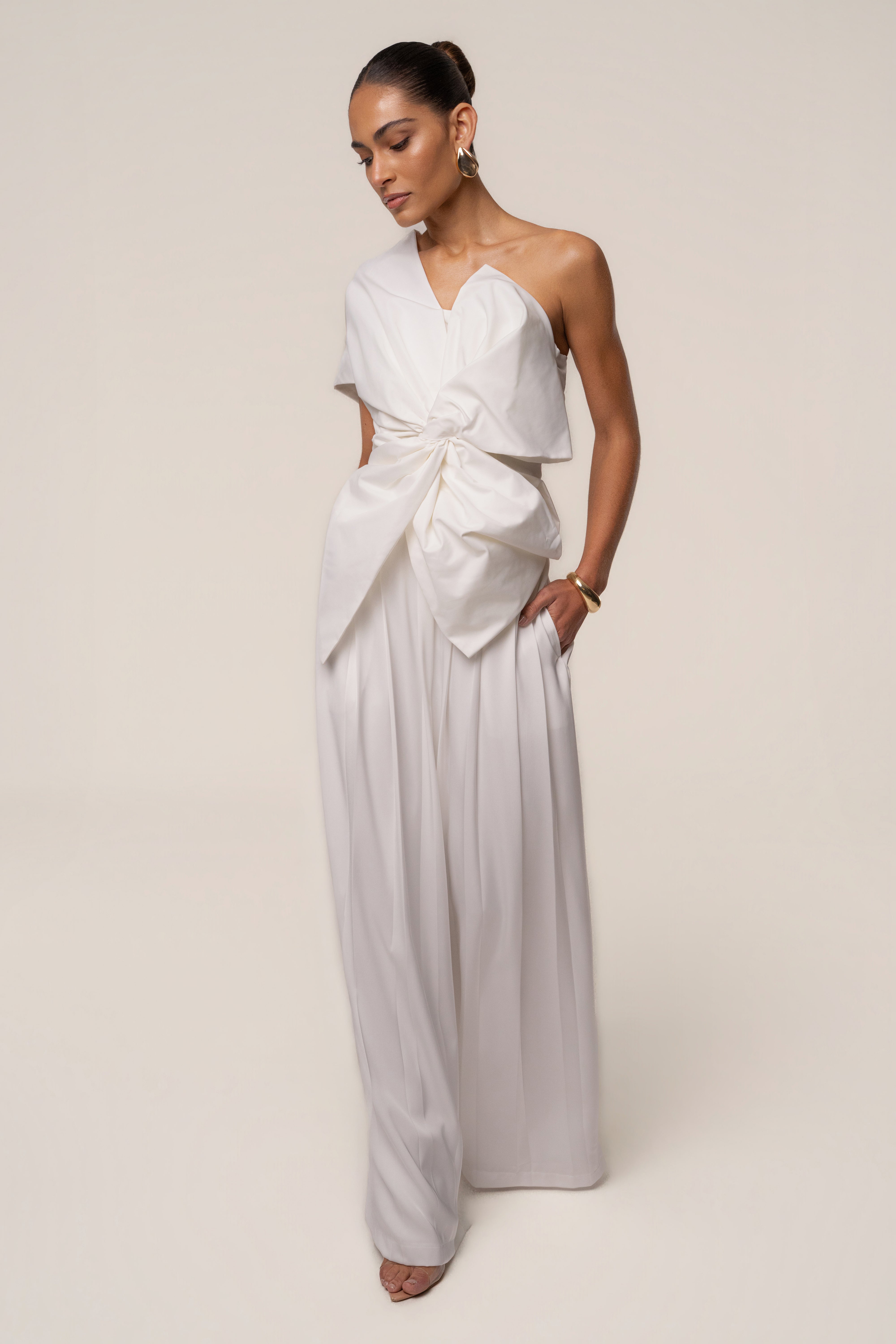 Ivory Clara Wide Leg Pleated Trousers - JLUXLABEL