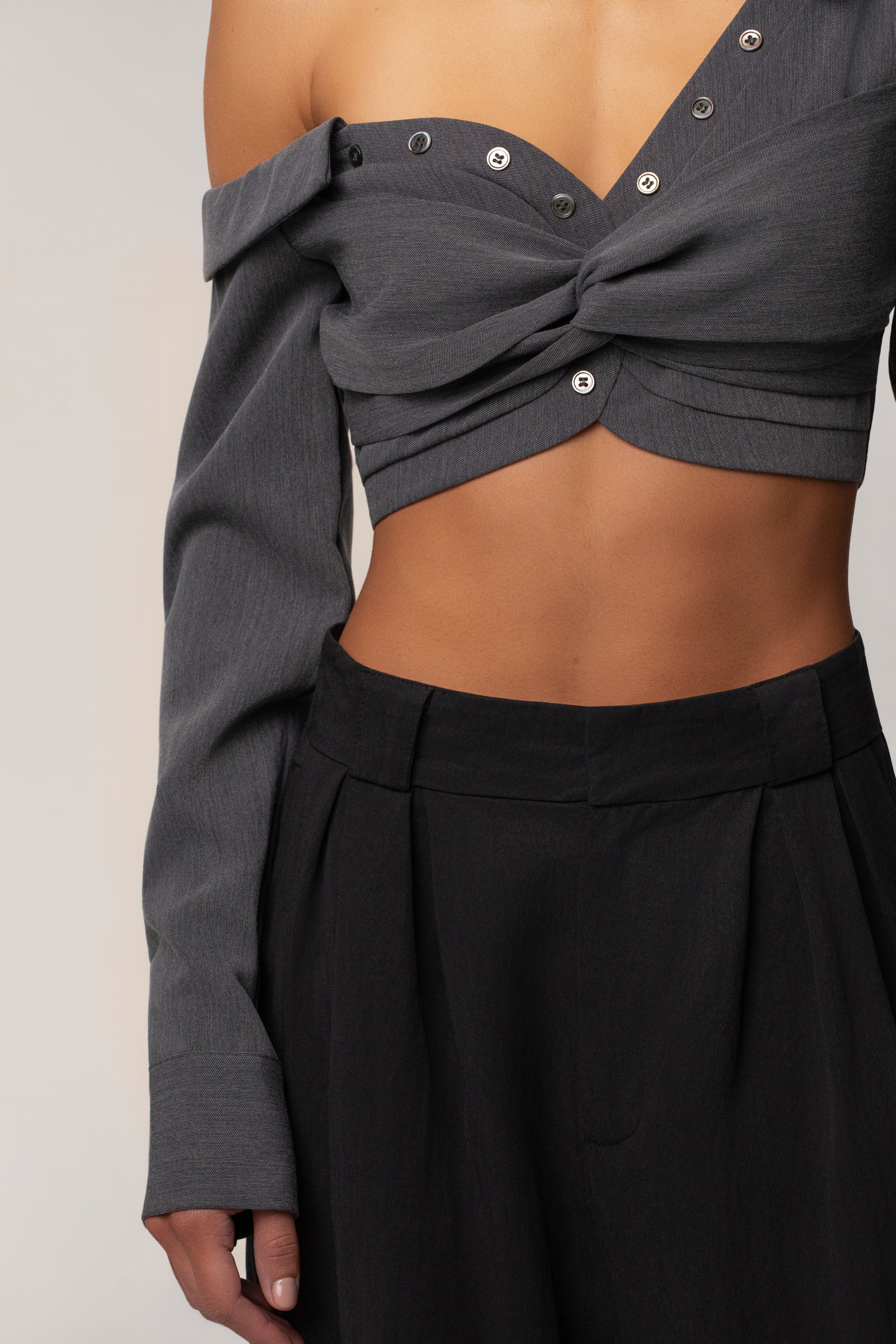 Grey Off-Shoulder Twist Crop Top - JLUXLABEL