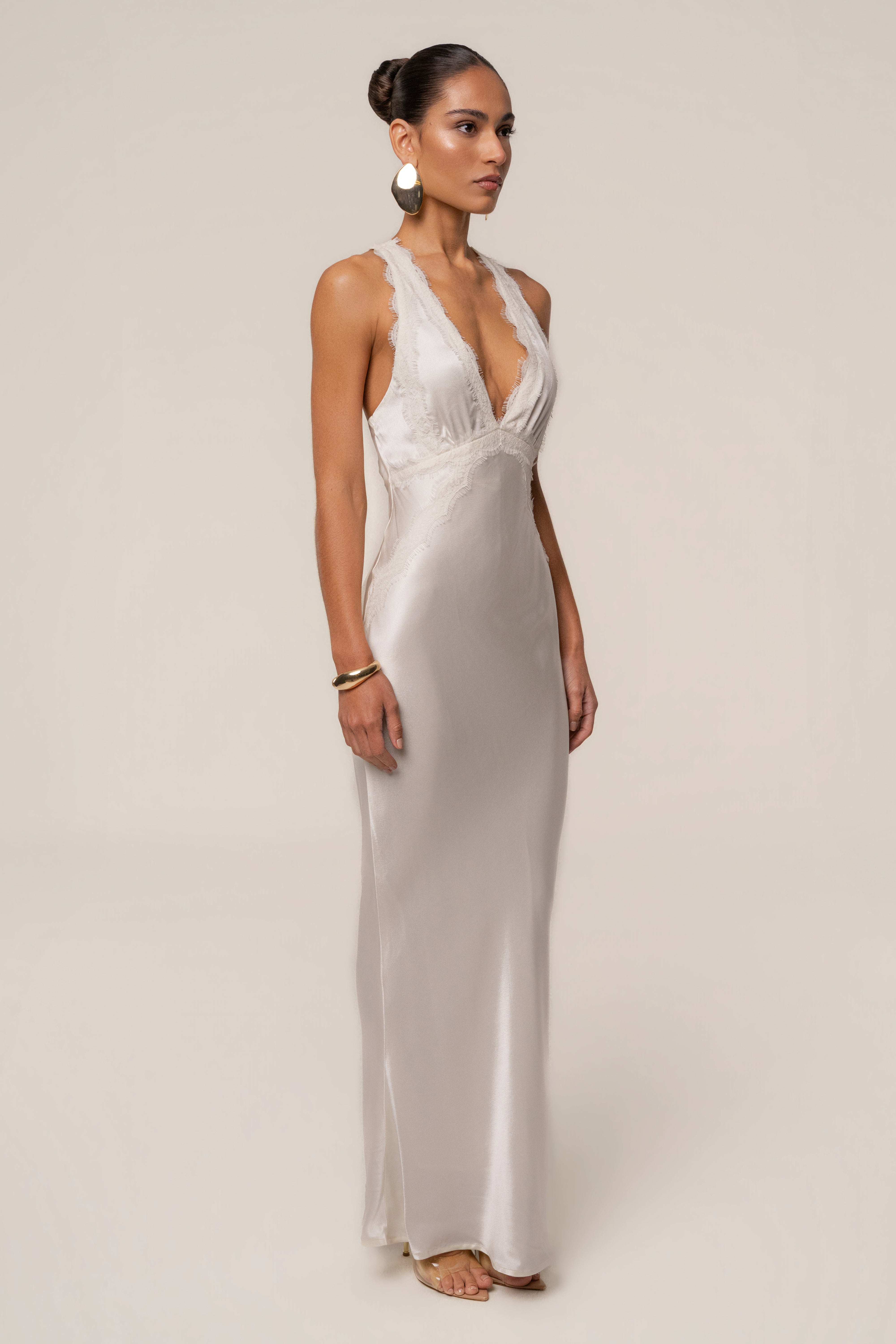 Ivory Satin Evenings Maxi Dress - JLUXLABEL