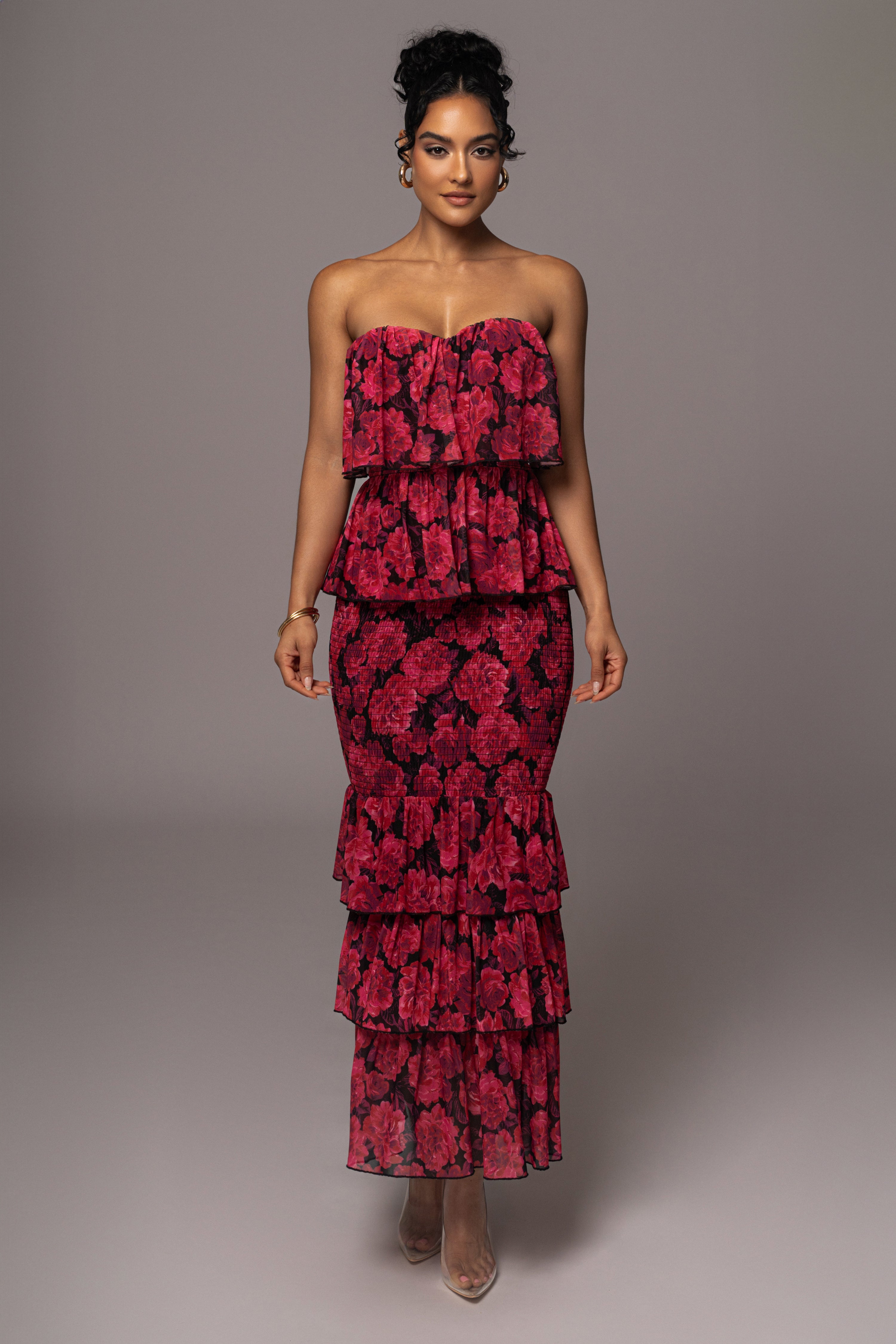 Pink Floral Casa Blanca Ruffle Dress - JLUXLABEL