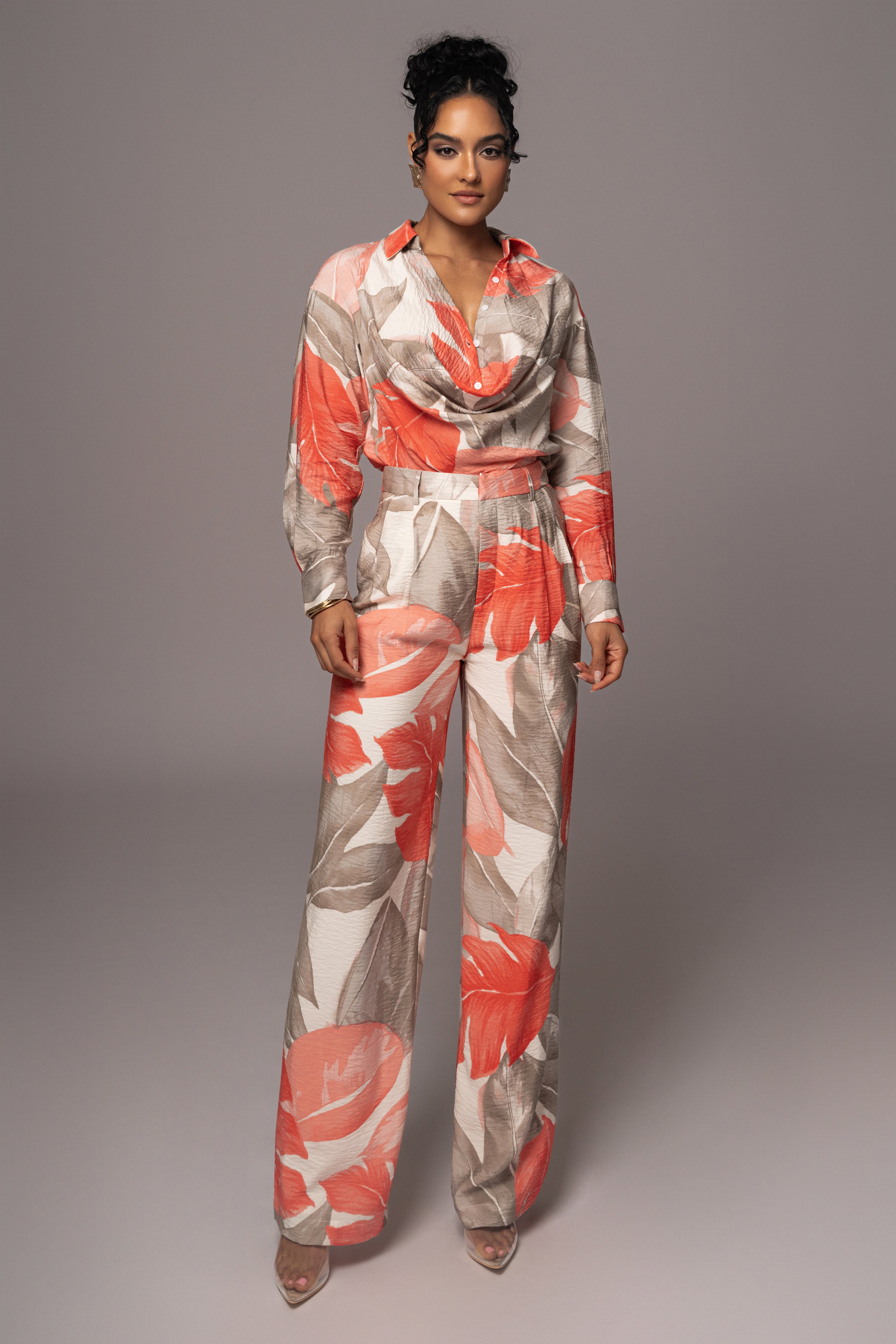 Ivory Palm Print Drew Crinkled Trousers - JLUXLABEL