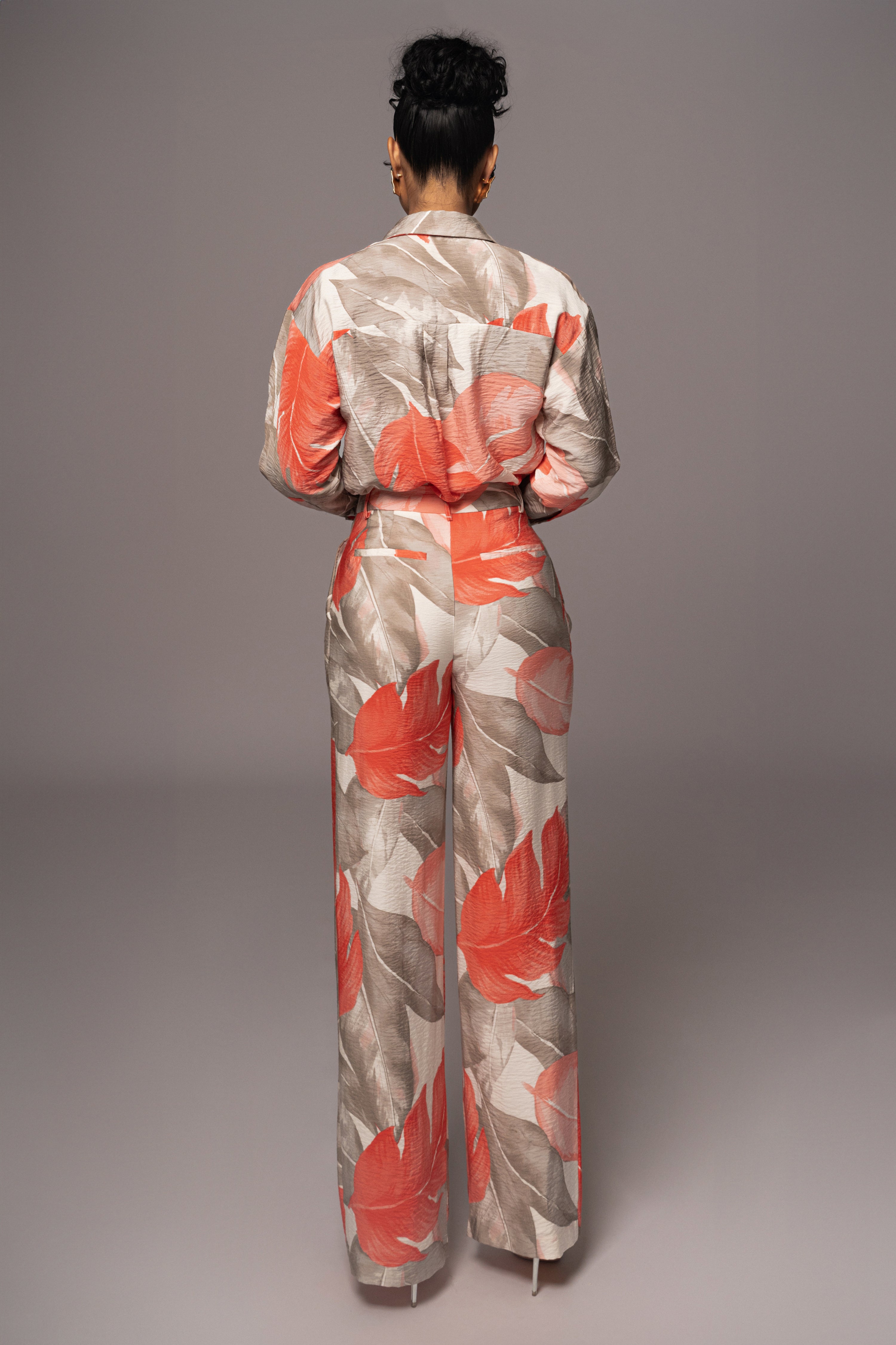 Ivory Palm Print Drew Crinkled Trousers - JLUXLABEL