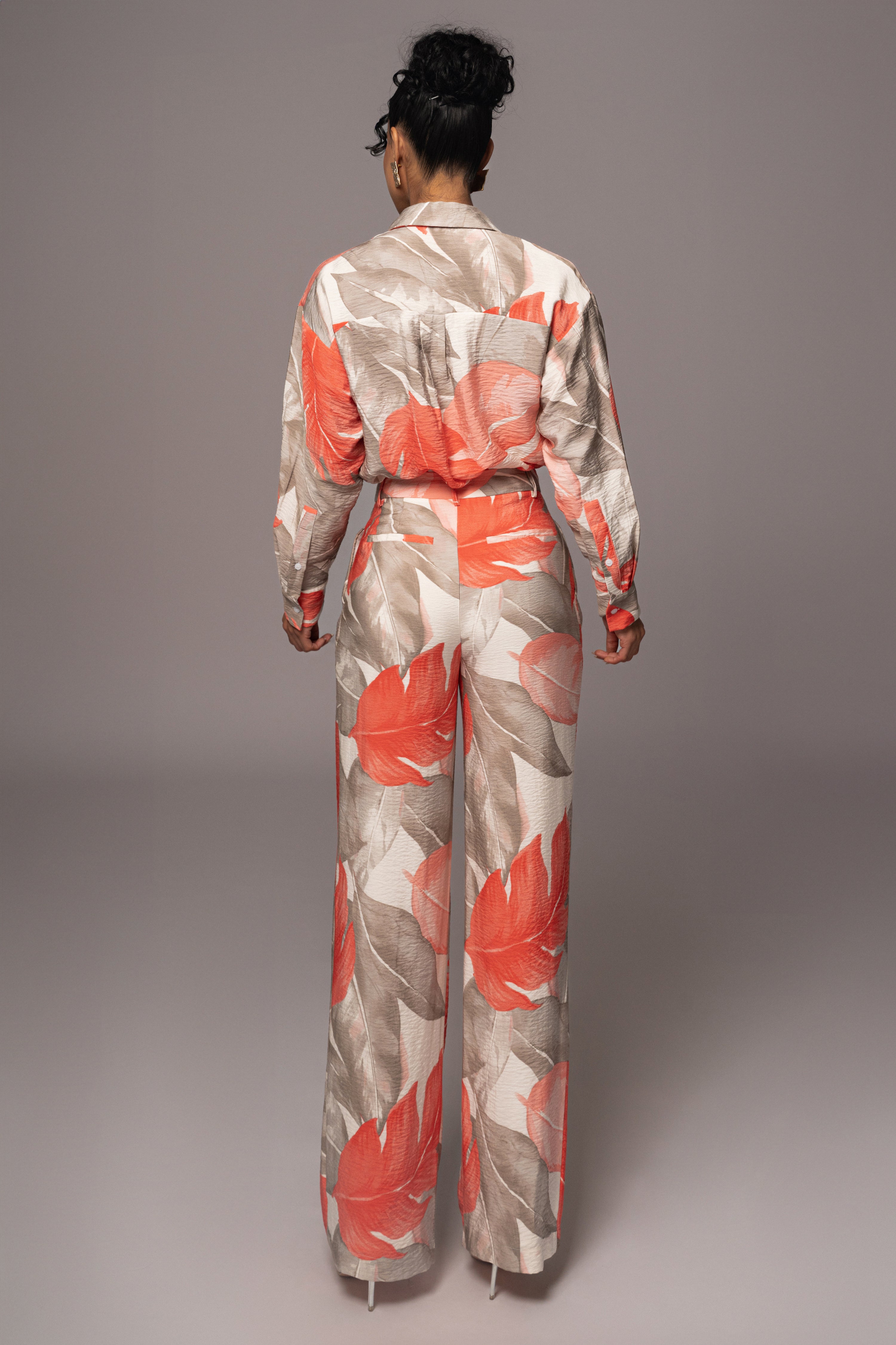 Ivory Palm Print Drew Crinkled Trousers - JLUXLABEL