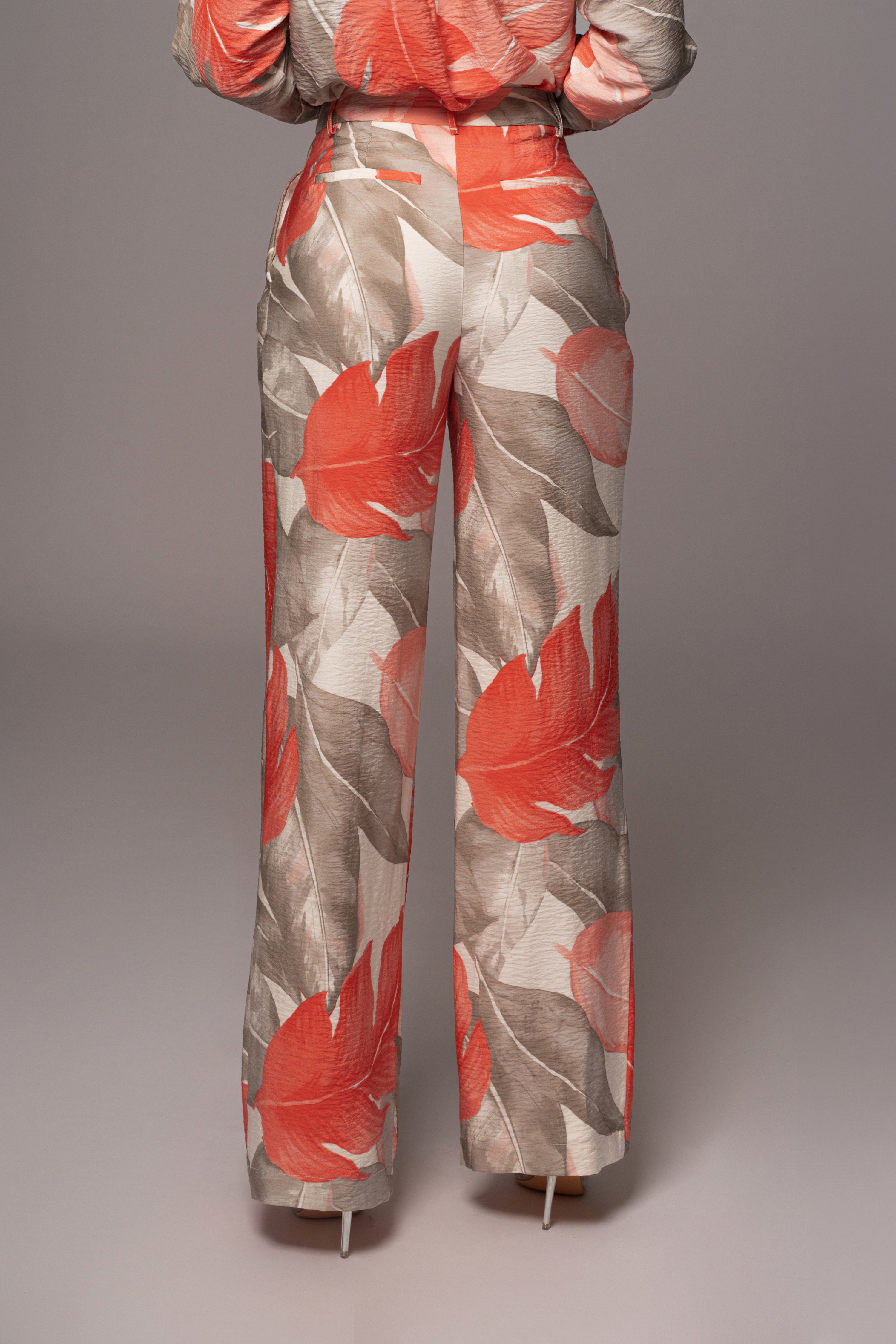 Ivory Palm Print Drew Crinkled Trousers - JLUXLABEL