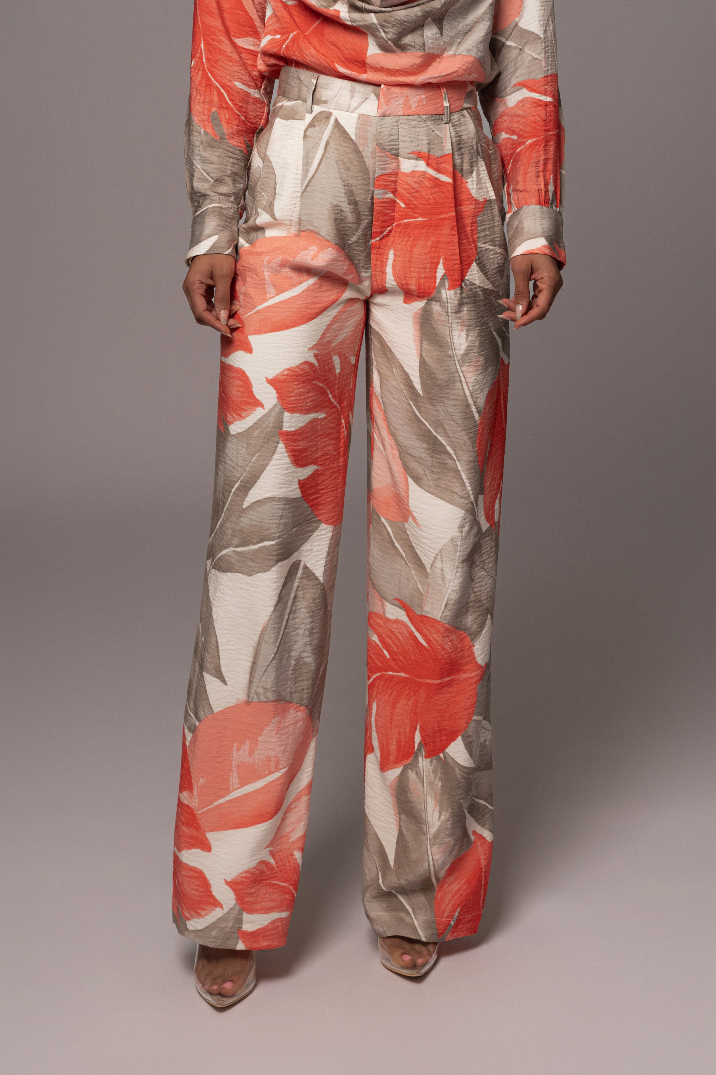 Ivory Palm Print Drew Crinkled Trousers - JLUXLABEL