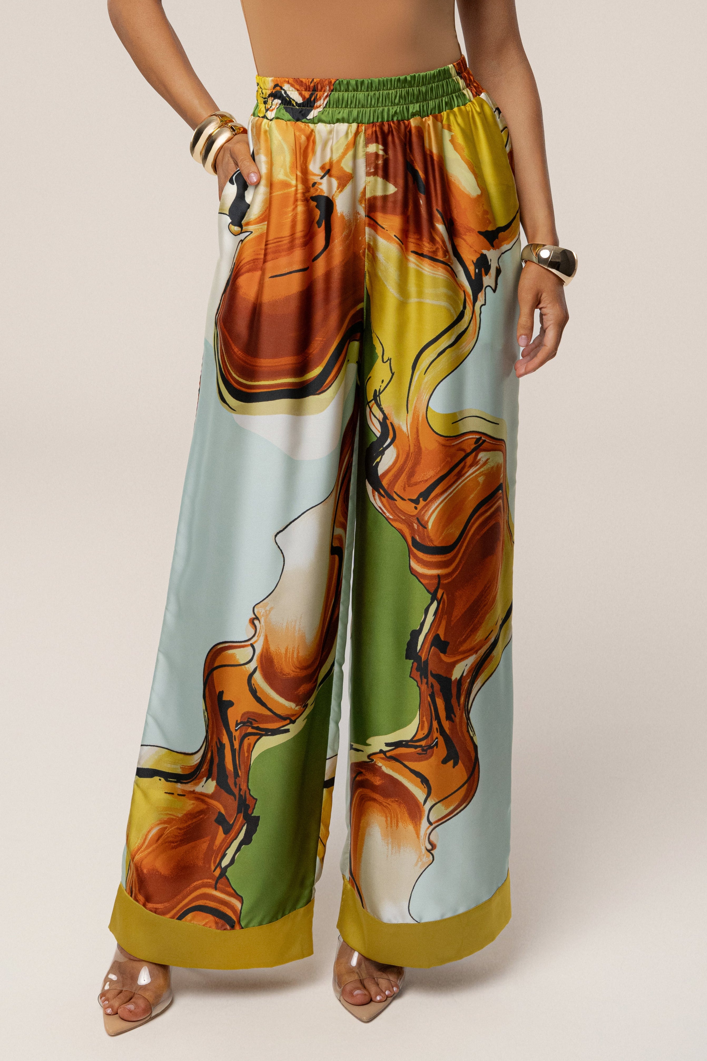 Green Tropical Print Jet Set Wide Leg Pants - JLUXLABEL