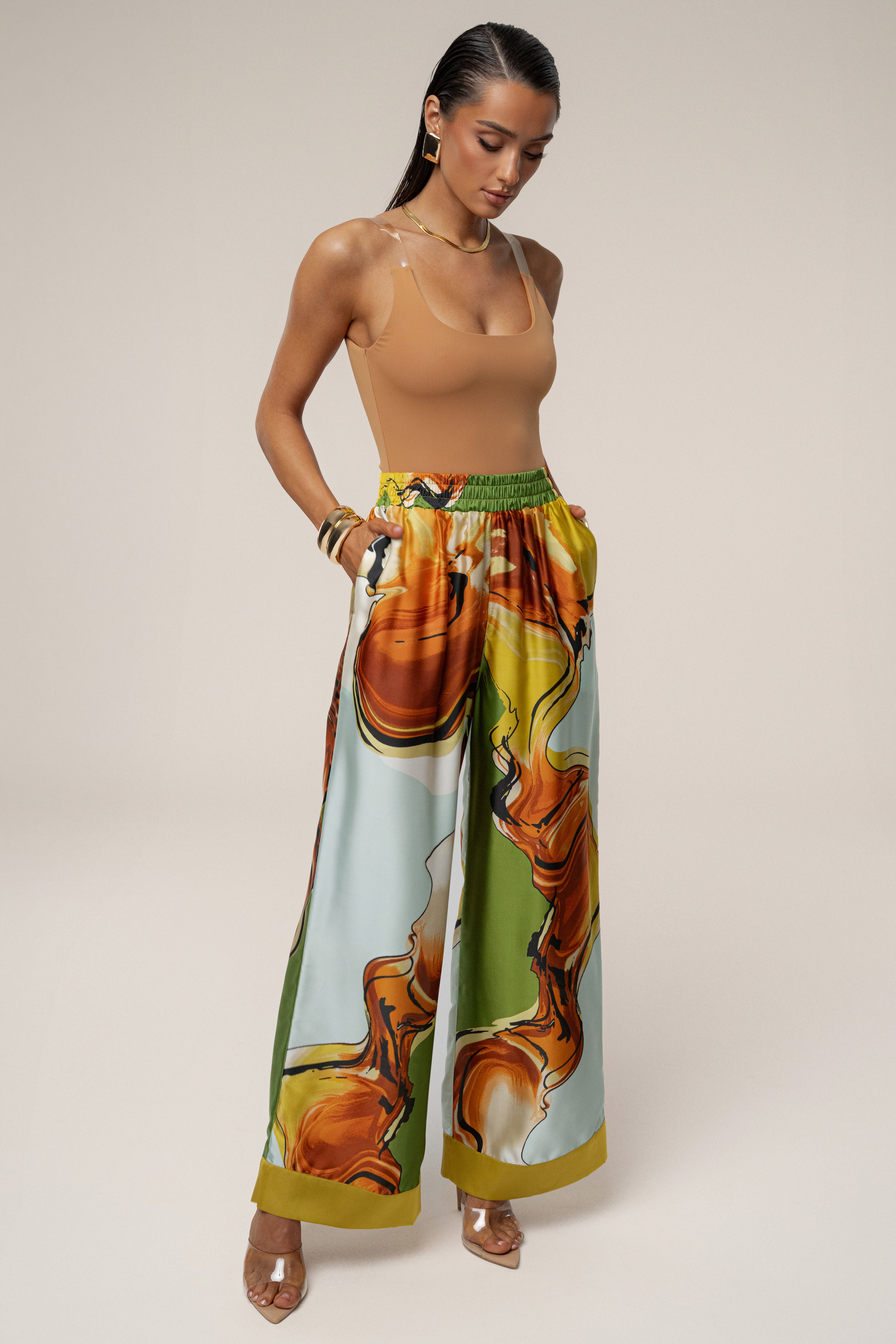 Green Tropical Print Jet Set Wide Leg Pants - JLUXLABEL