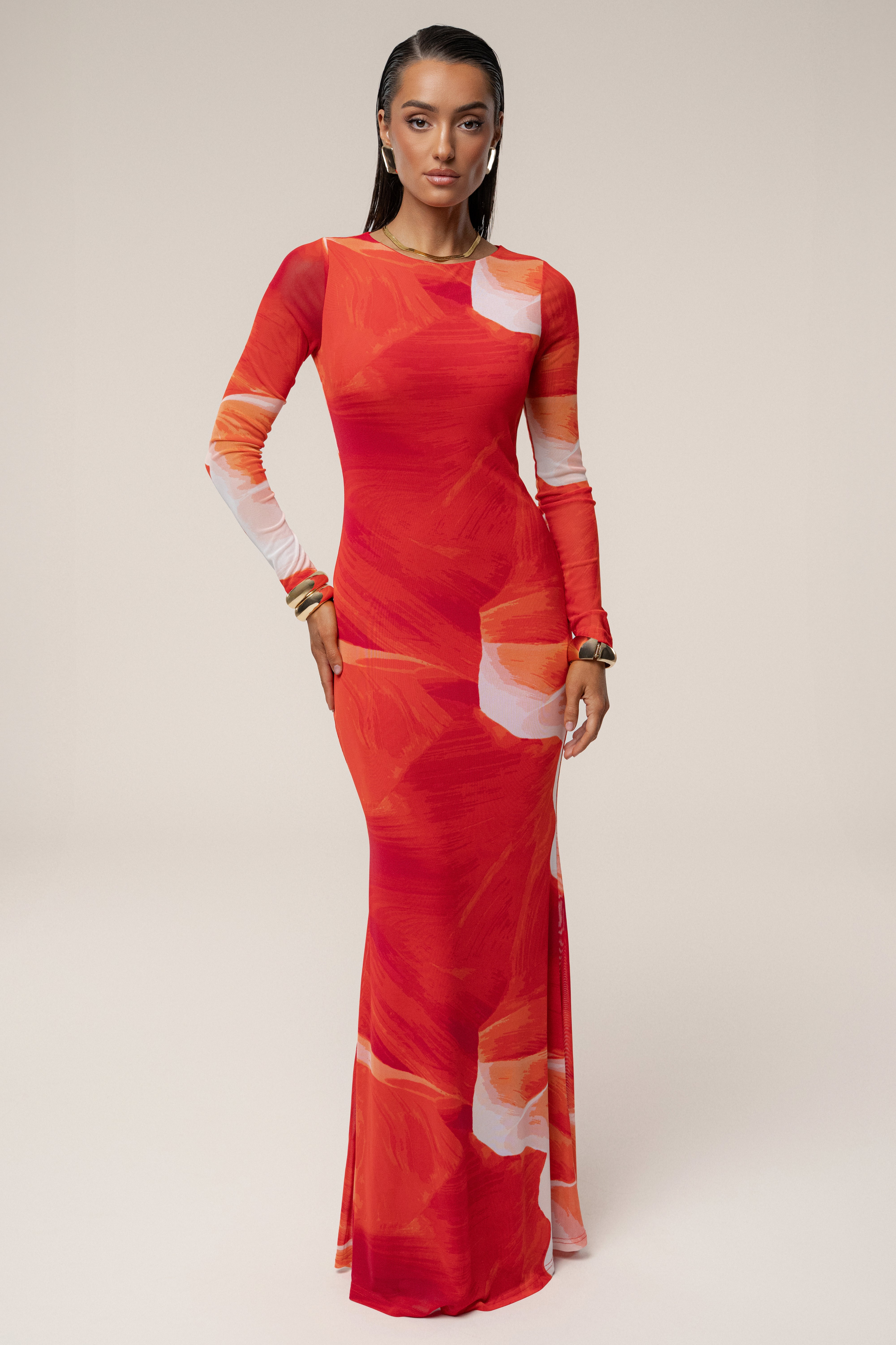 Sunset Red Palms And Sands Mesh Maxi Dress - JLUXLABEL